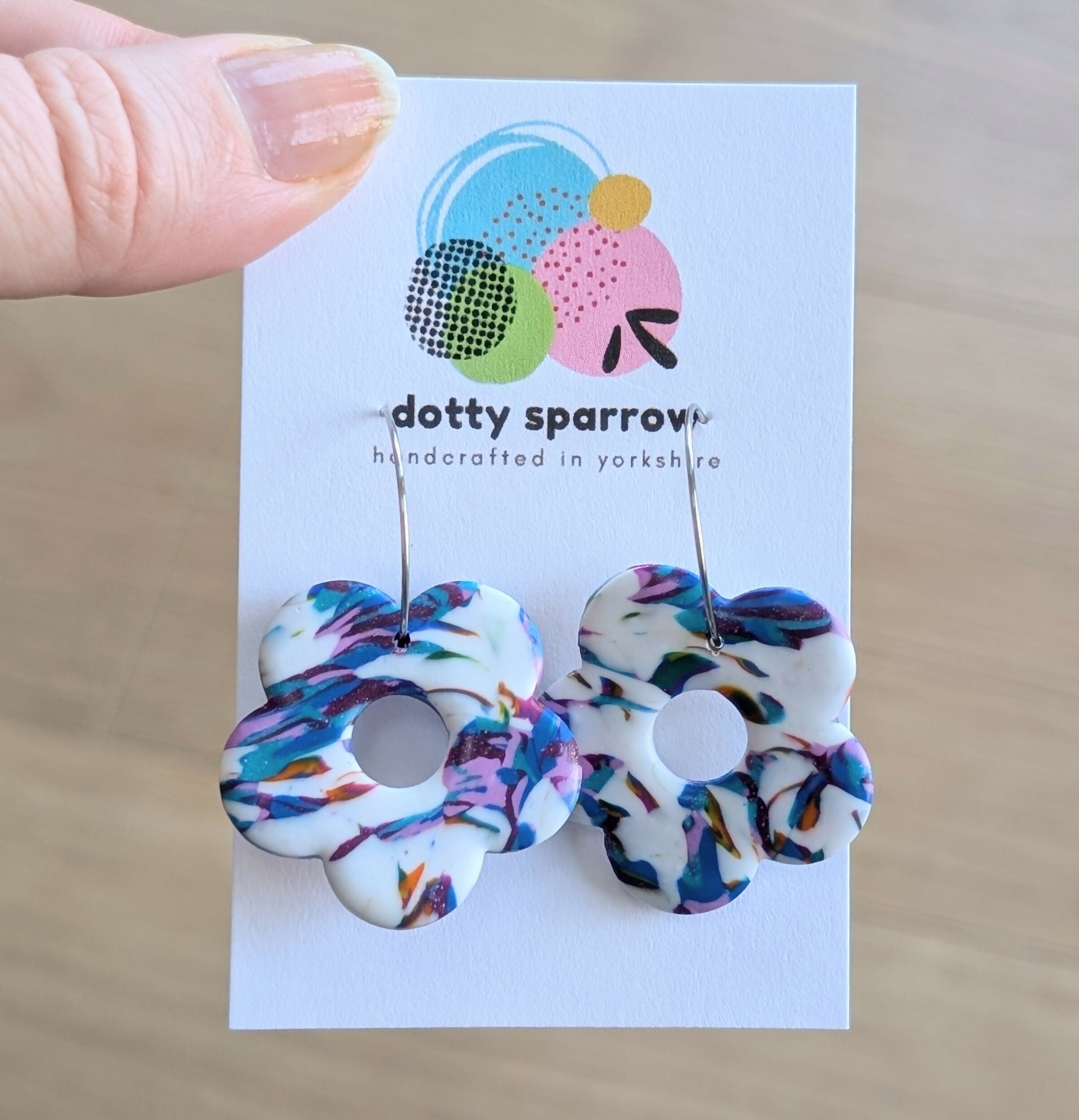 White, Purple, Blue & Orange Abstract Flower Hoop Handmade Polymer Clay Earrings