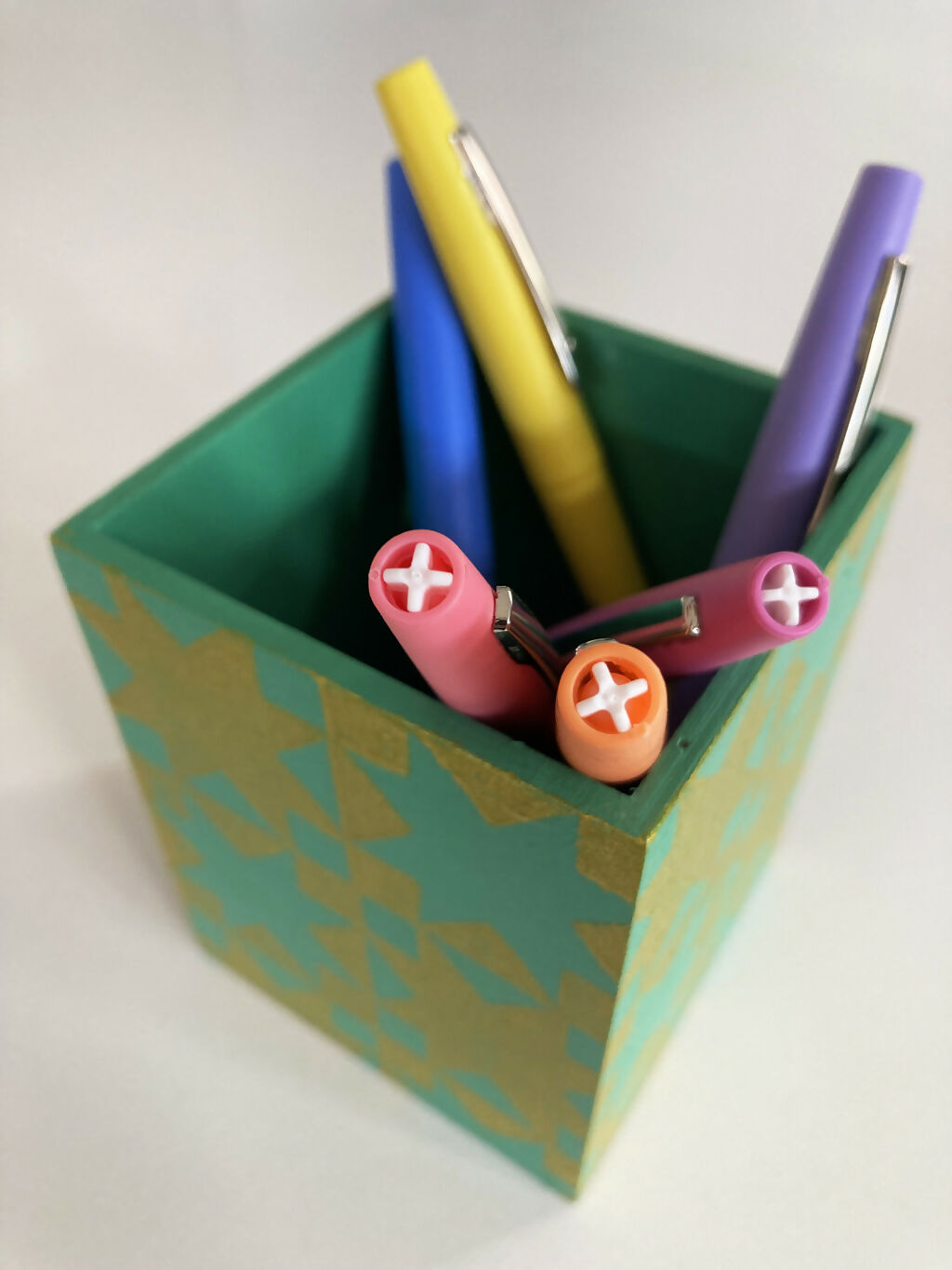 Hand-printed Green and Gold Pen Pot with Star Design,