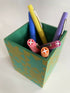 Hand-printed Green and Gold Pen Pot with Star Design,