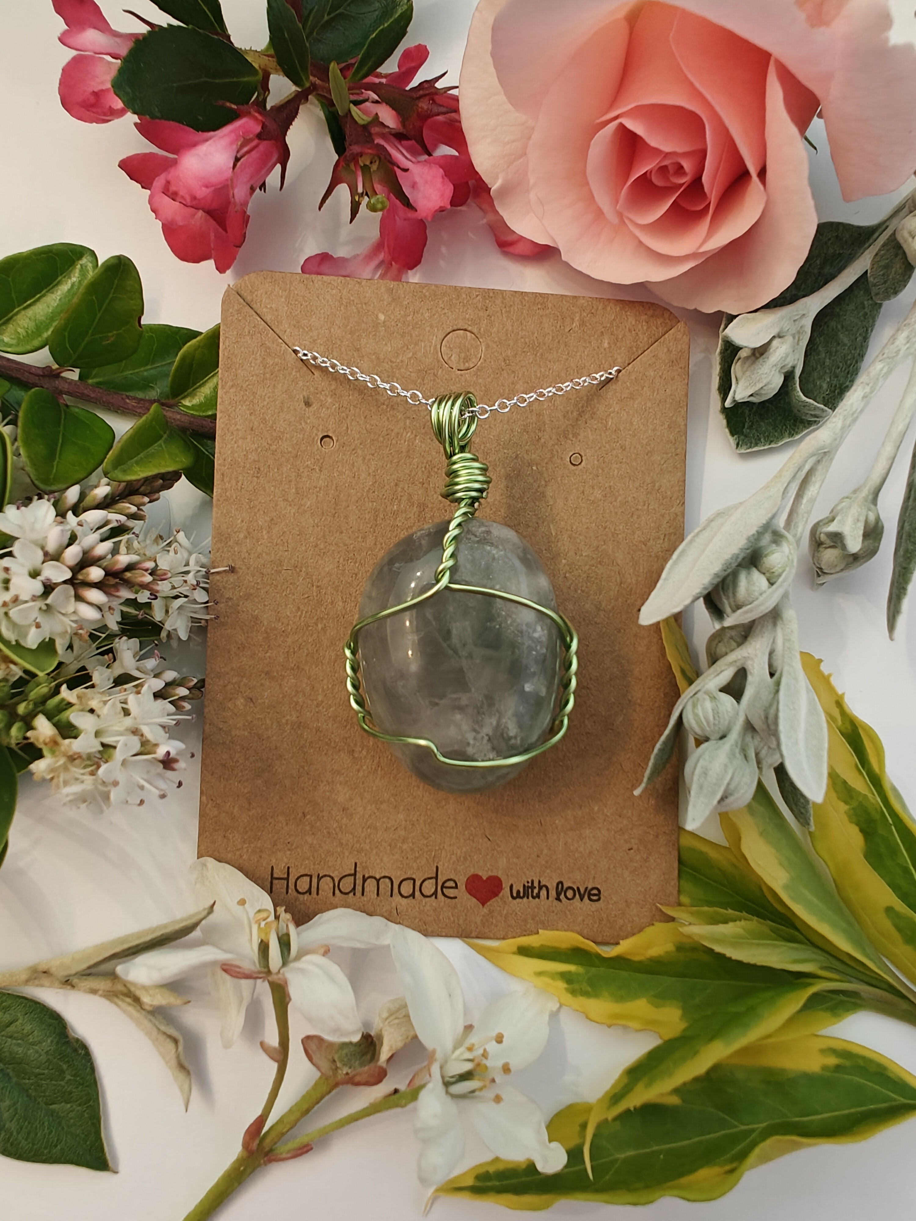 Grey Quartz Wire Wrapped Crystal Necklace on Sterling Silver Chain