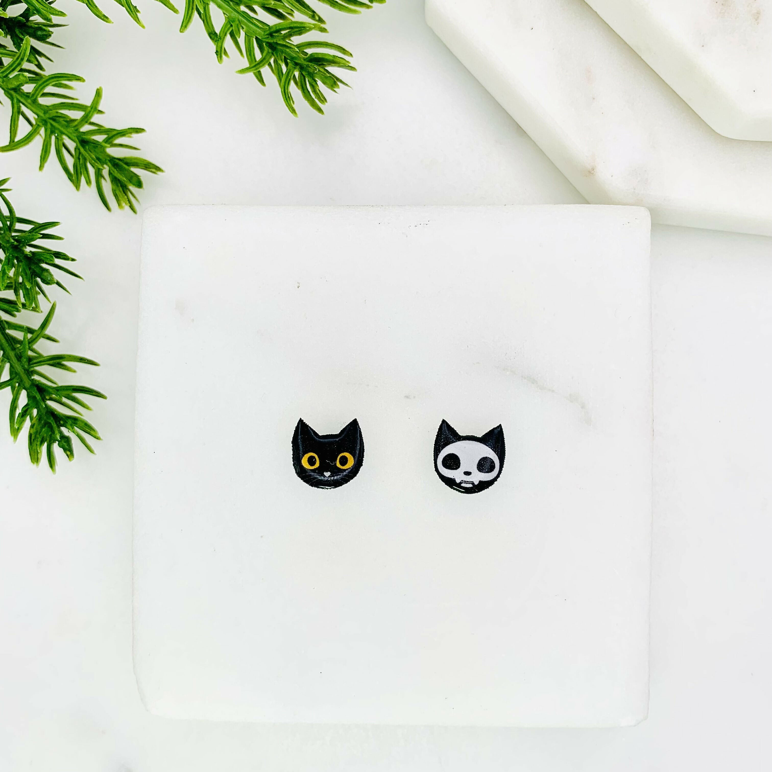 Black Cat and Skeleton Cat Face Mismatched Earrings