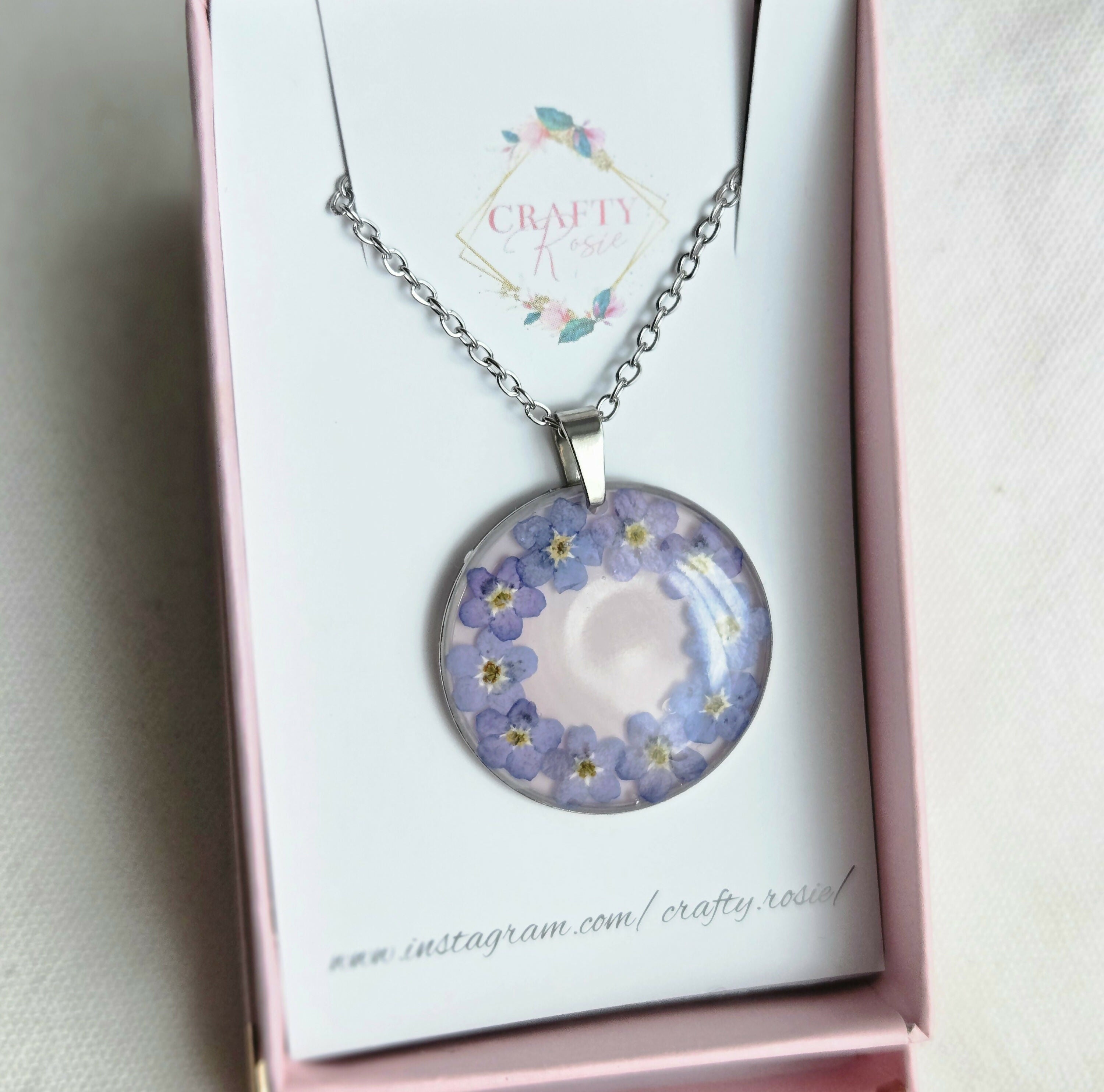 Stainless Steal Real Dried Forget Me Not Flowers Necklace