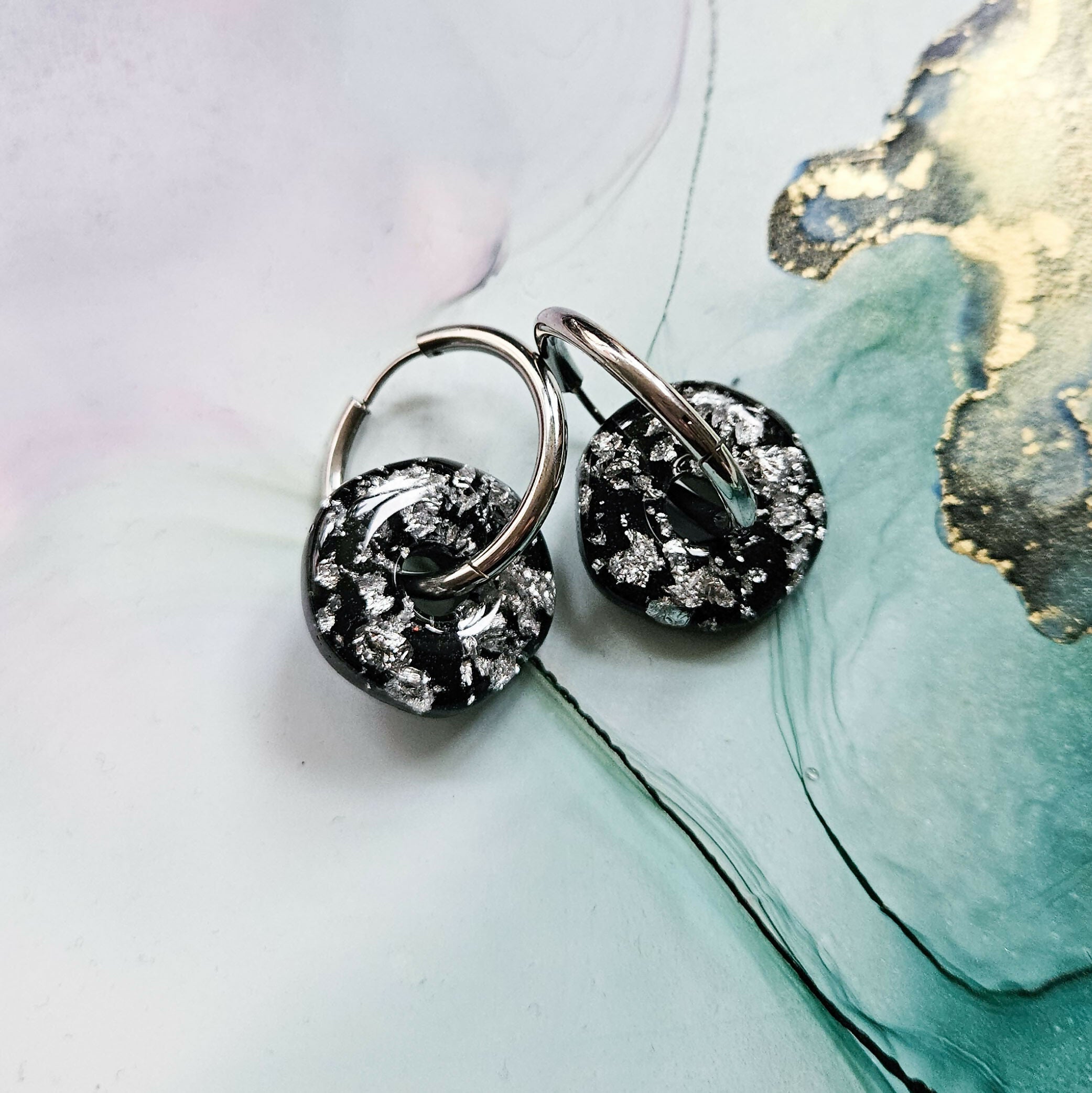 Handmade Black And Silver Large Circle Resin Charm On Chunky Hoops