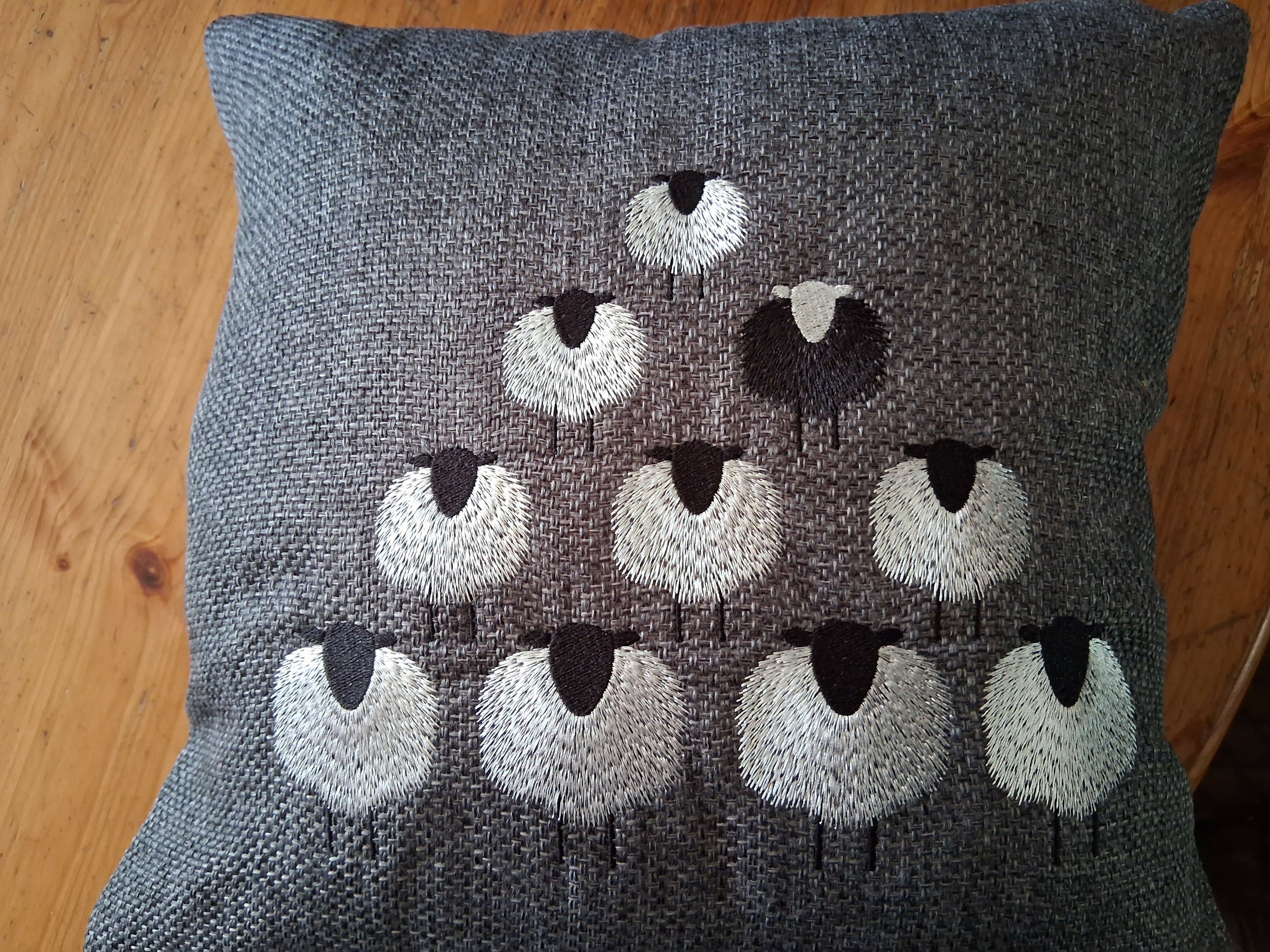 Embroidered Pyramid of Sheep Scatter Cushion in Grey