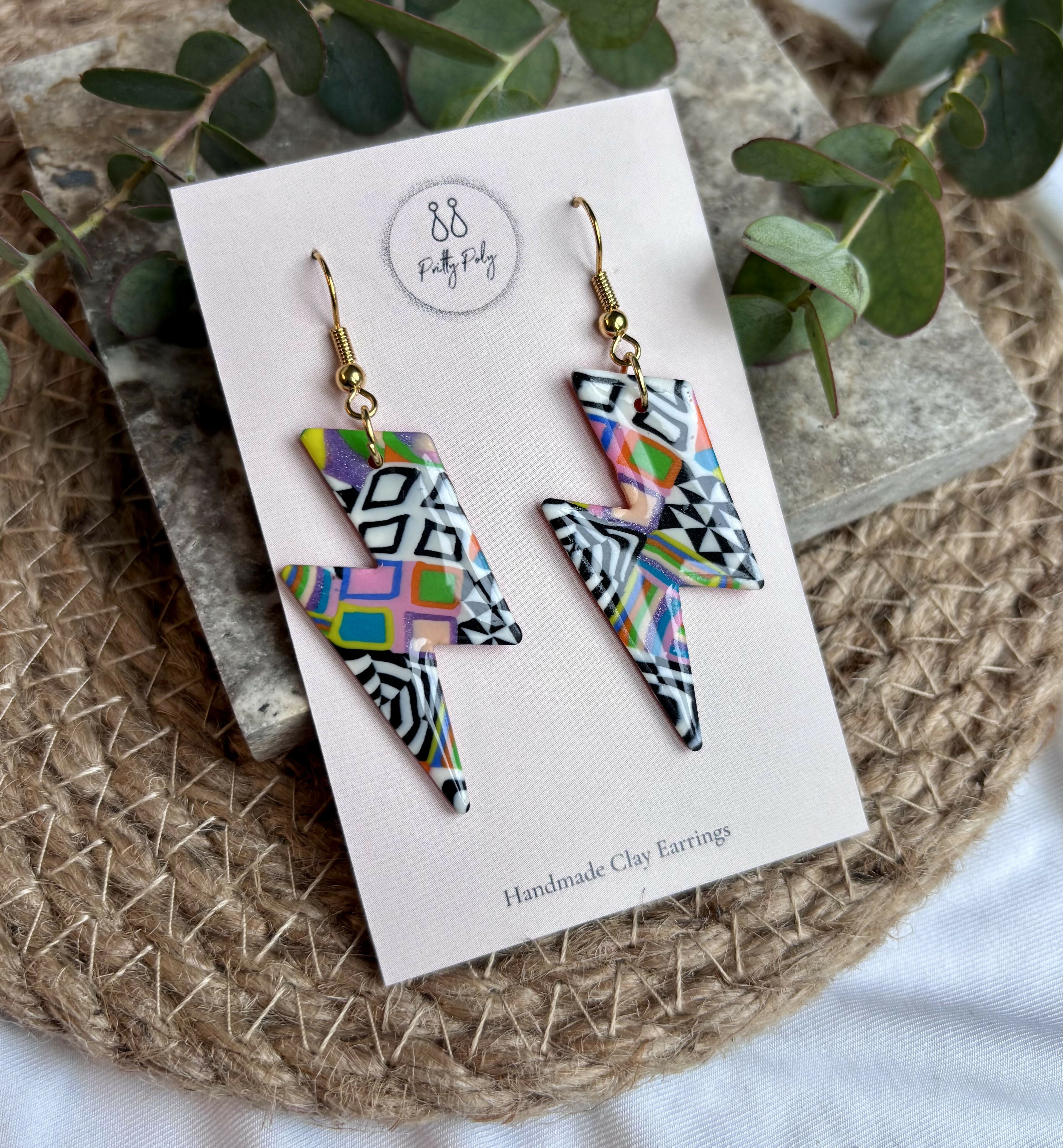 Funky Pattern Collection - Lightening Bolts Polymer Clay Earrings Hooks