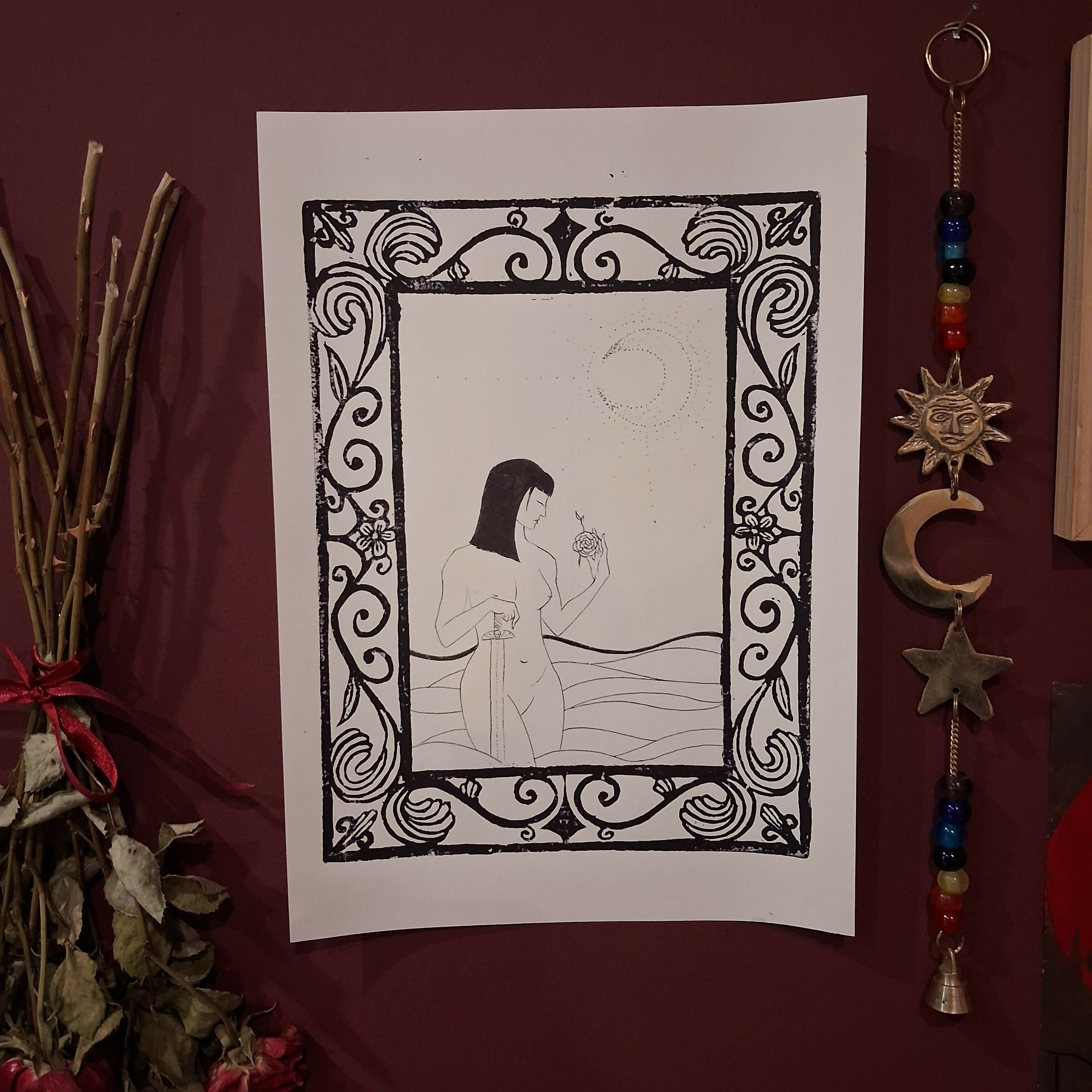Girl with Flower 1, Linoprint and printed ink drawing