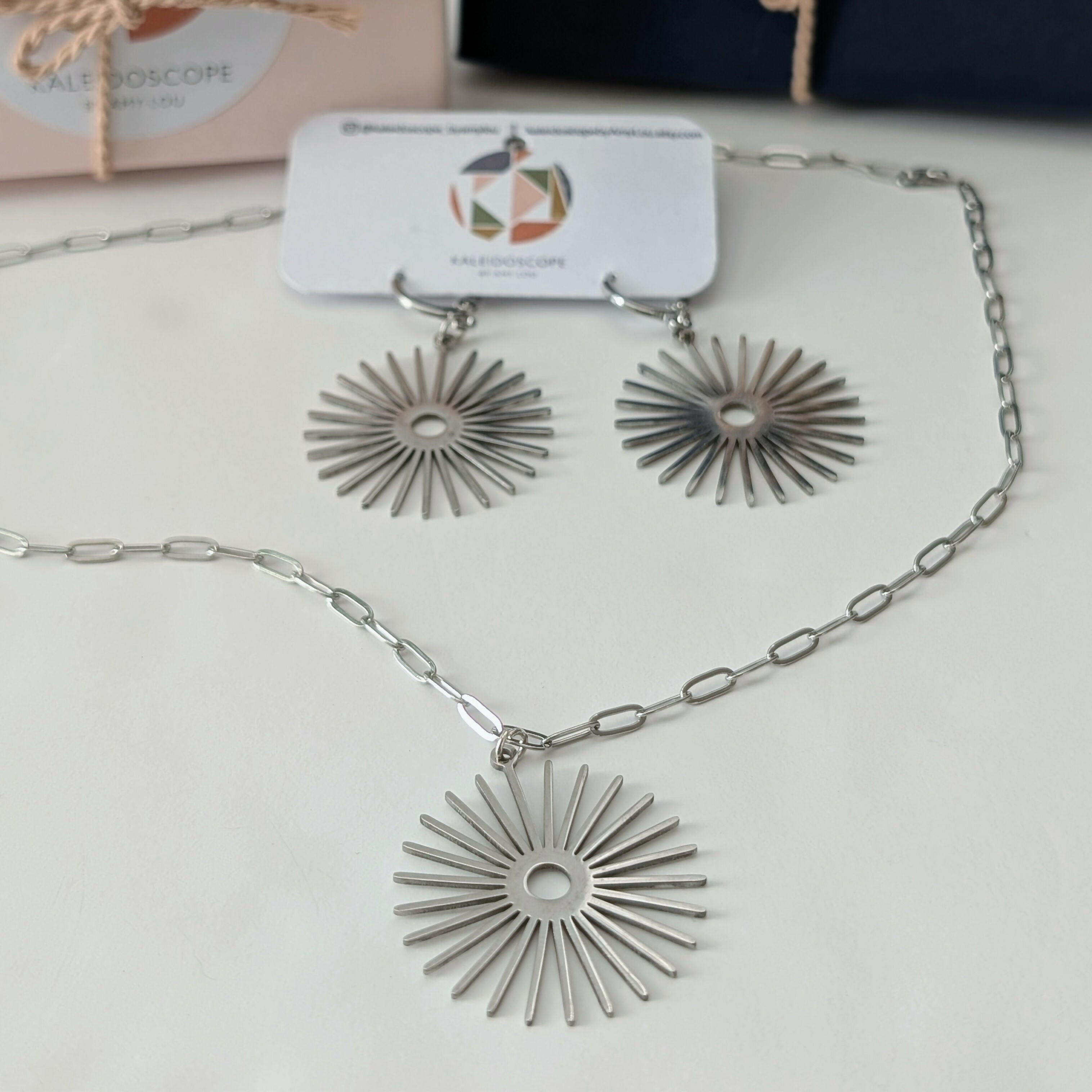 Silver Sunburst Necklace on Paperclip Chain