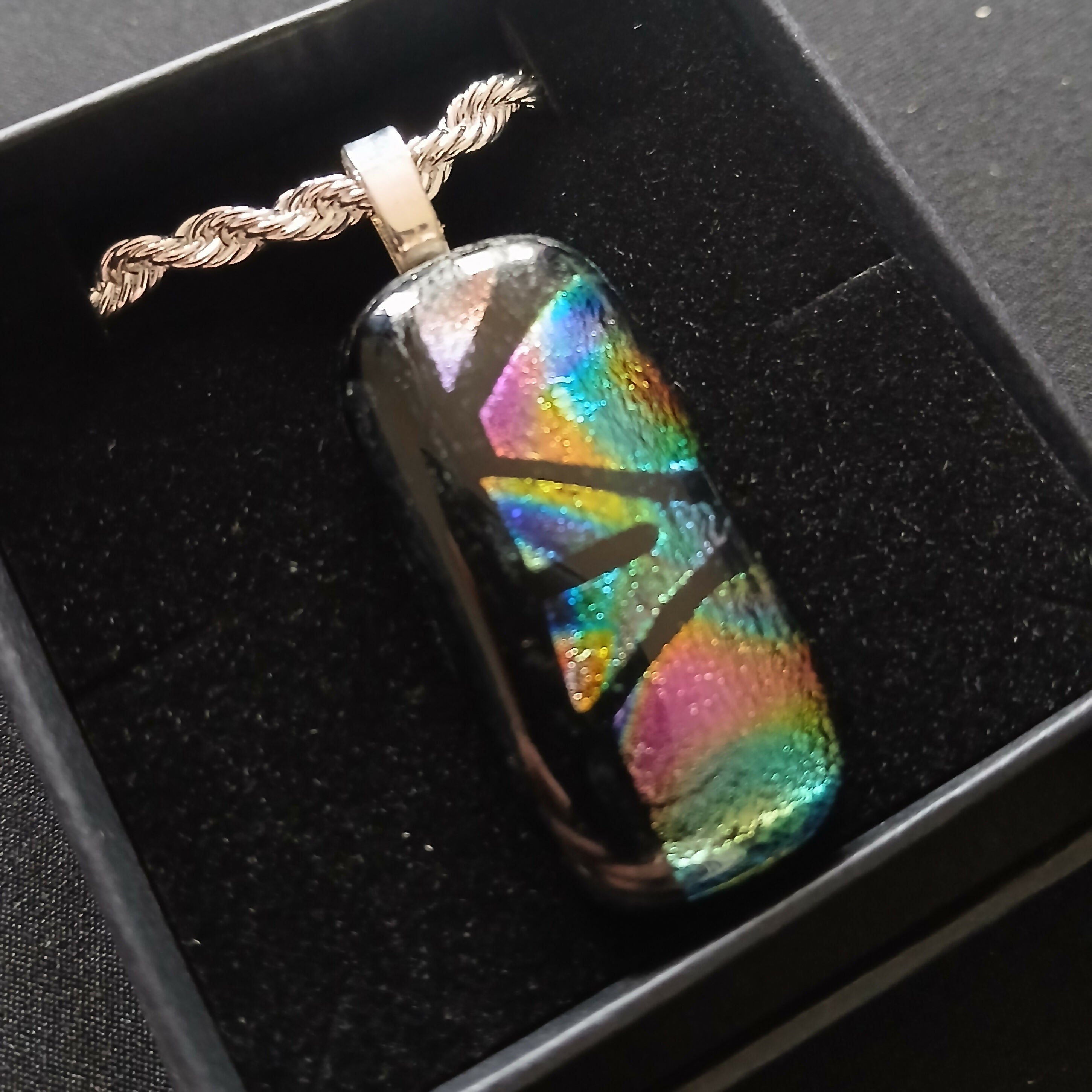 Fused Dichroic Glass Rectangular Pendant with a 925 Silver Chain Necklace (Rainbow and Black)