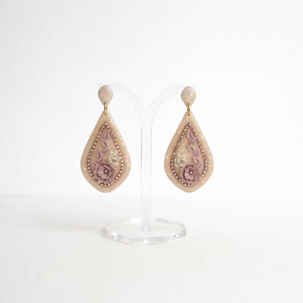 Floral Teardrop Drop Earrings with Rhinestone Border and Opal Glitter Detail in Nude