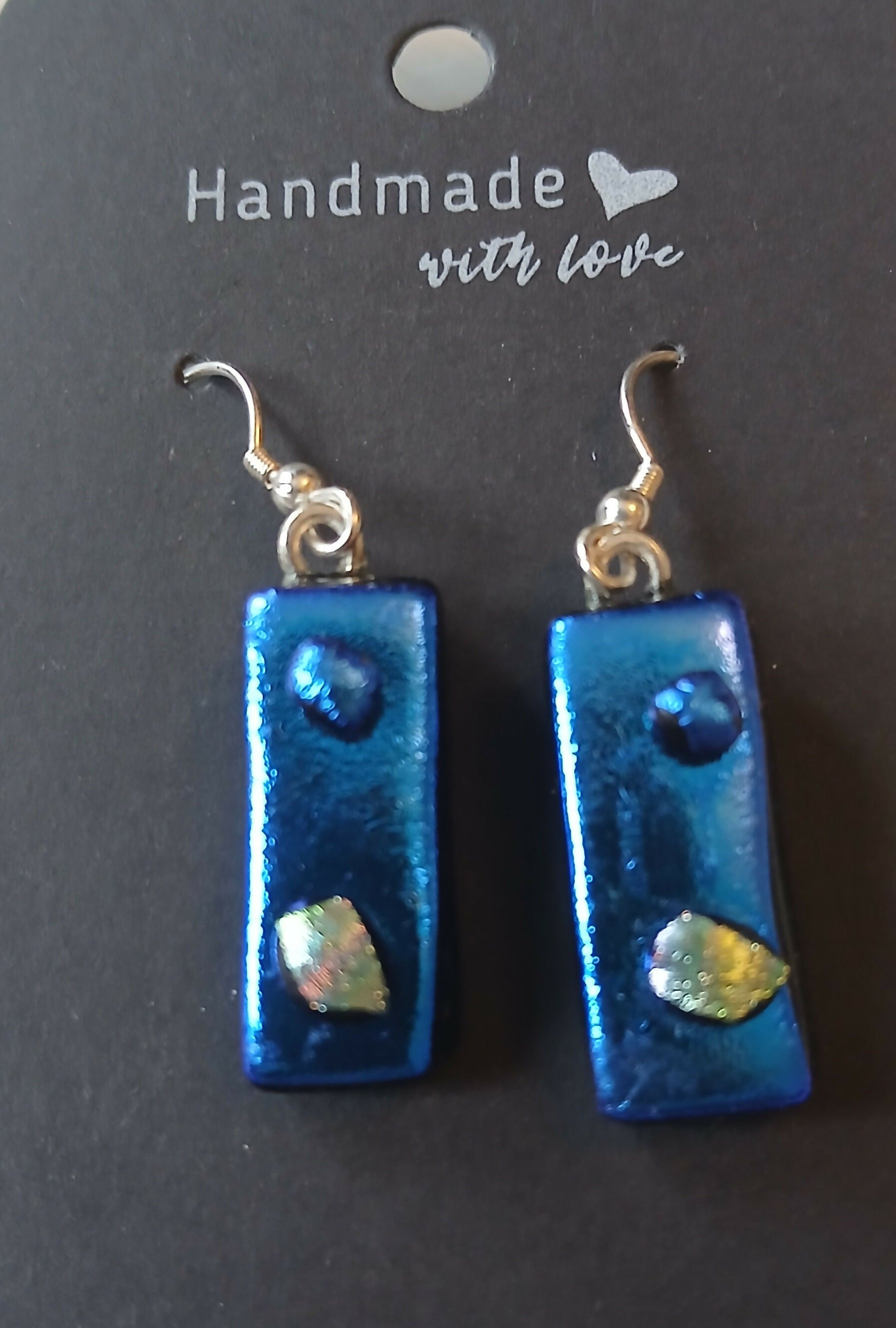 Fused Dichroic Glass Earrings in Blue with Beads and Sterling Silver Hooks