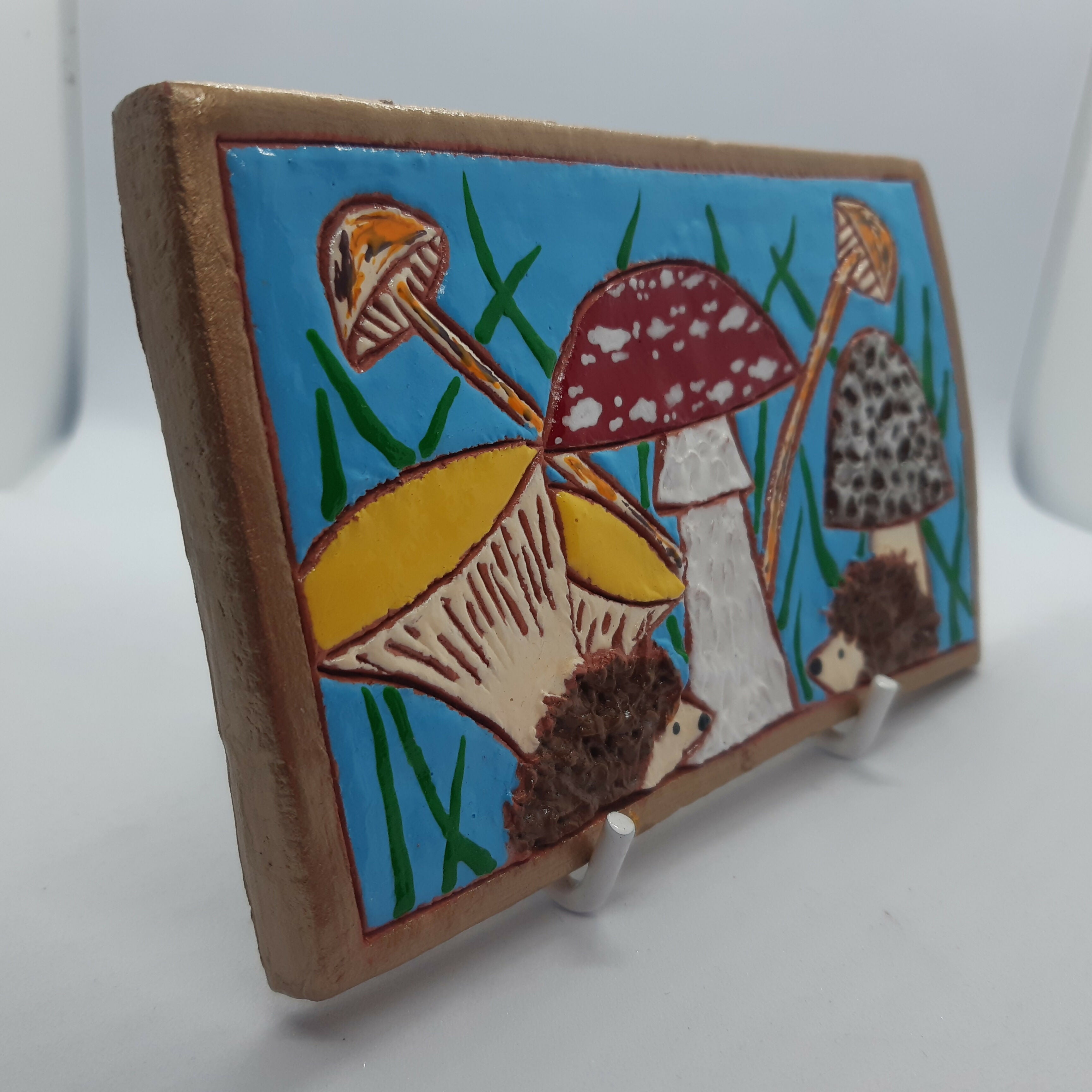 Clay Toadstool and Hedgehog Painted Tile