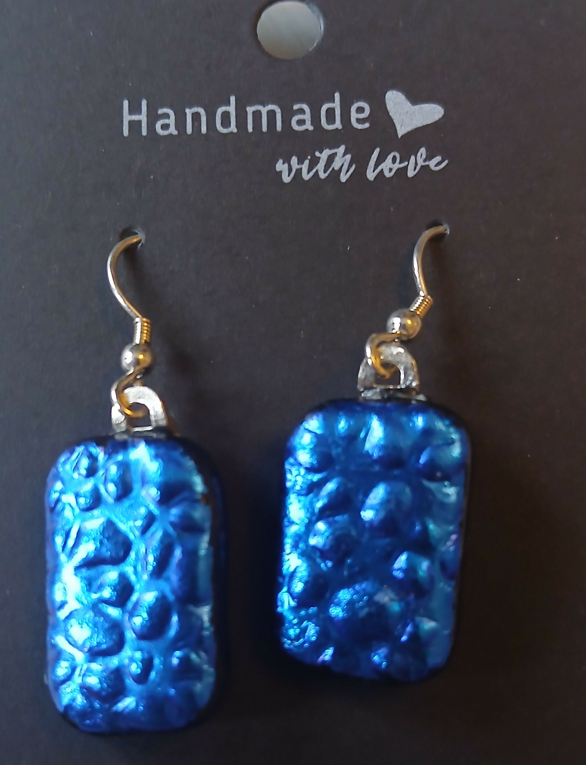 Fused Dichroic Glass Earrings in Dewdrop Pattern Blue With Sterling Silver Hooks