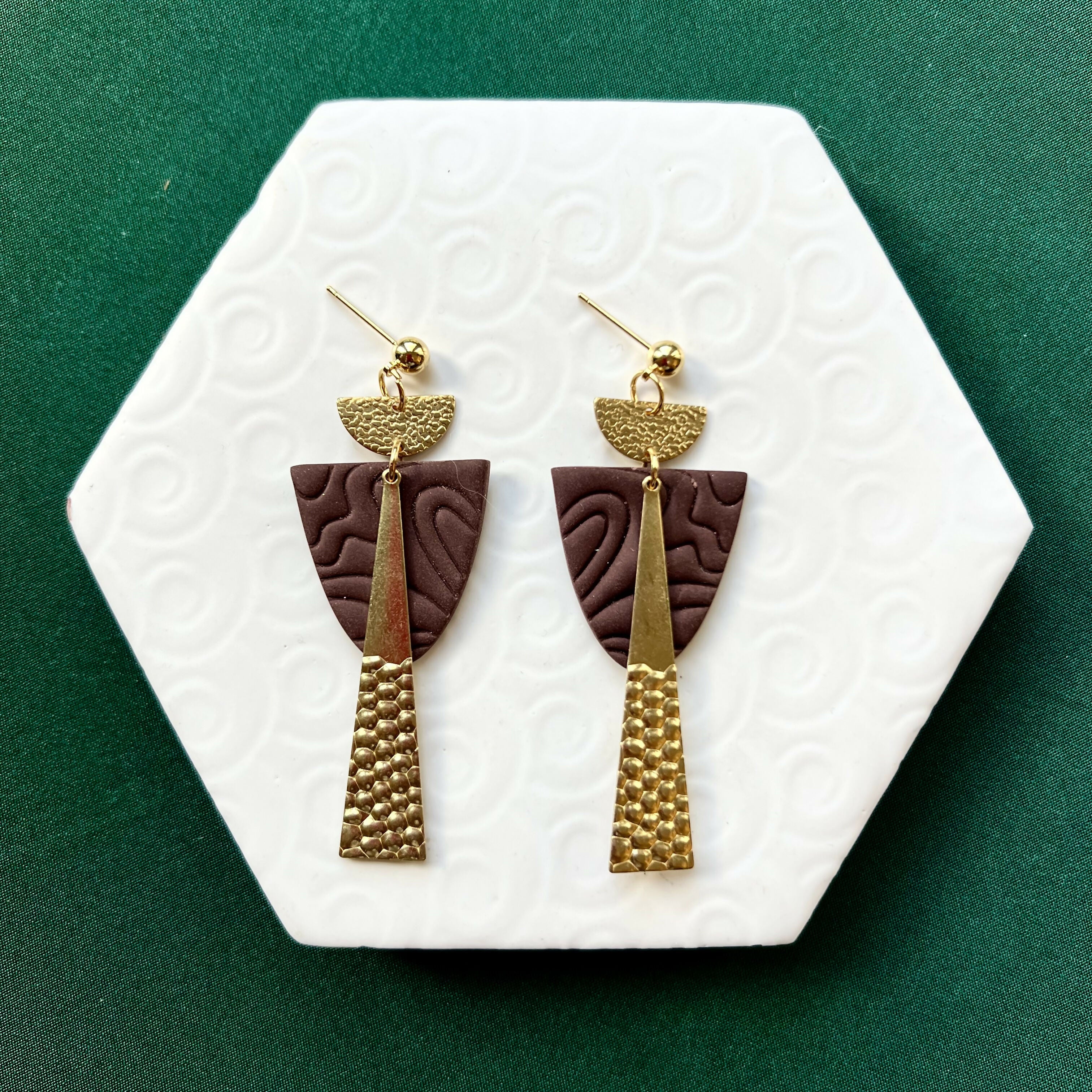 Harper Brown Textured Polymer Clay & Gold Geometric Drop Earrings