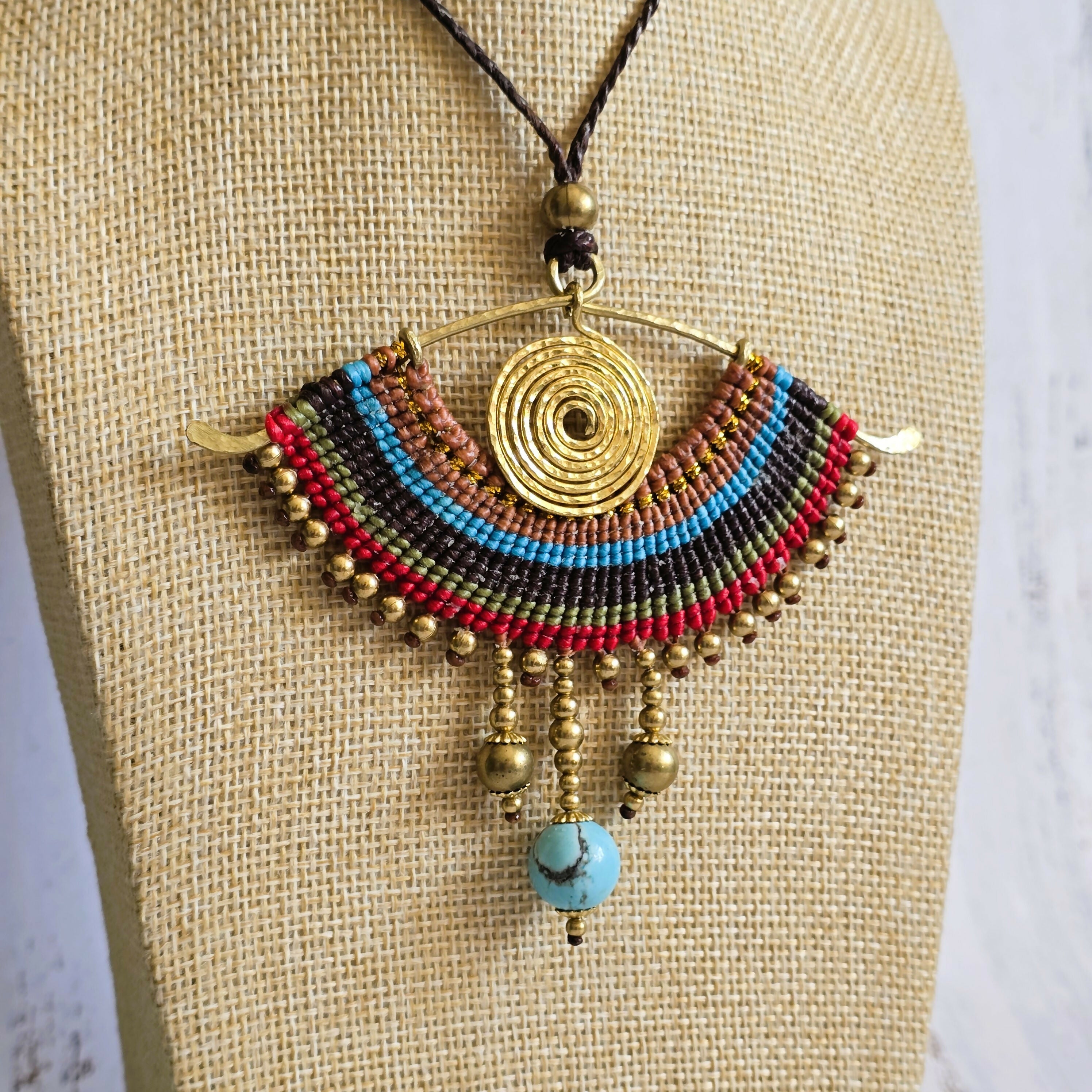 All-Seeing Eye Necklace; Turquoise Crystal Macramé Pendant With Handcrafted Brass Spiral Wire-Art