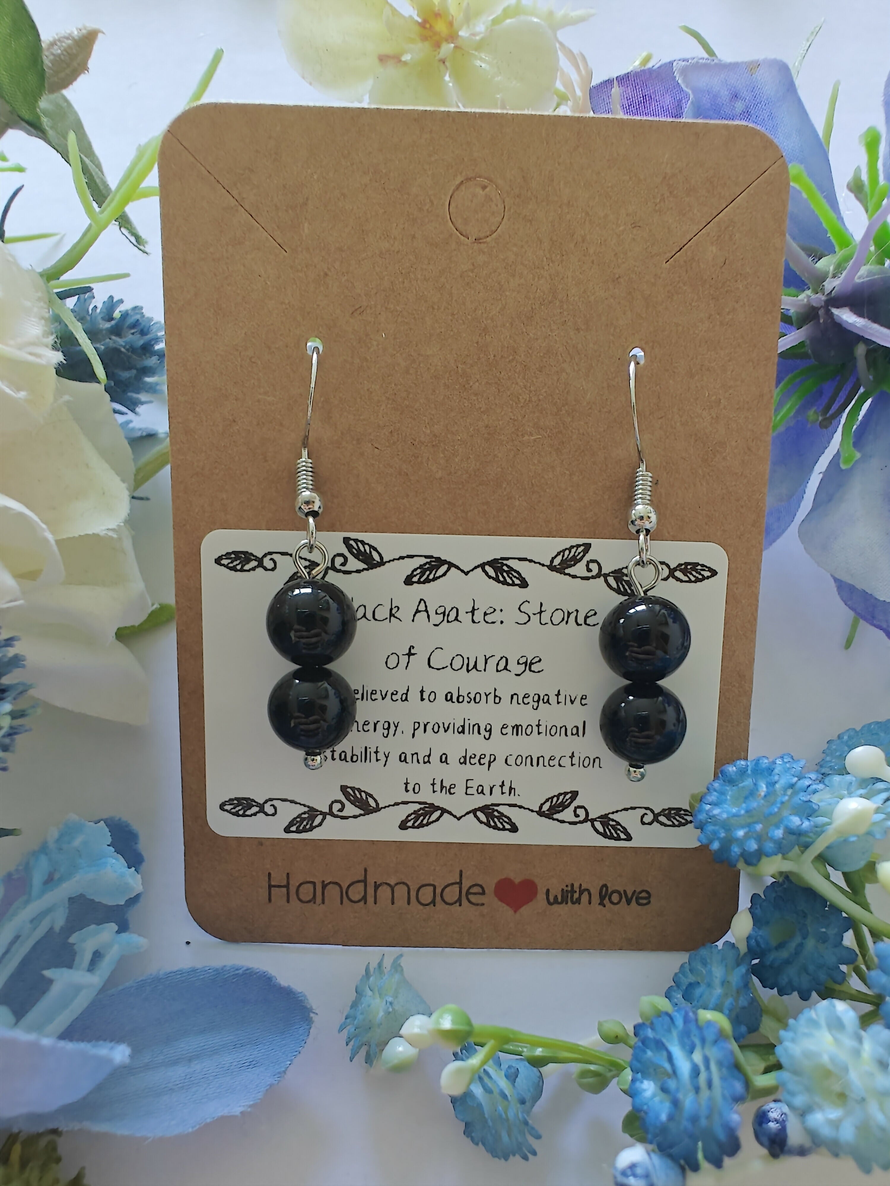 Black Agate Earrings on Sterling Silver Plated Hooks
