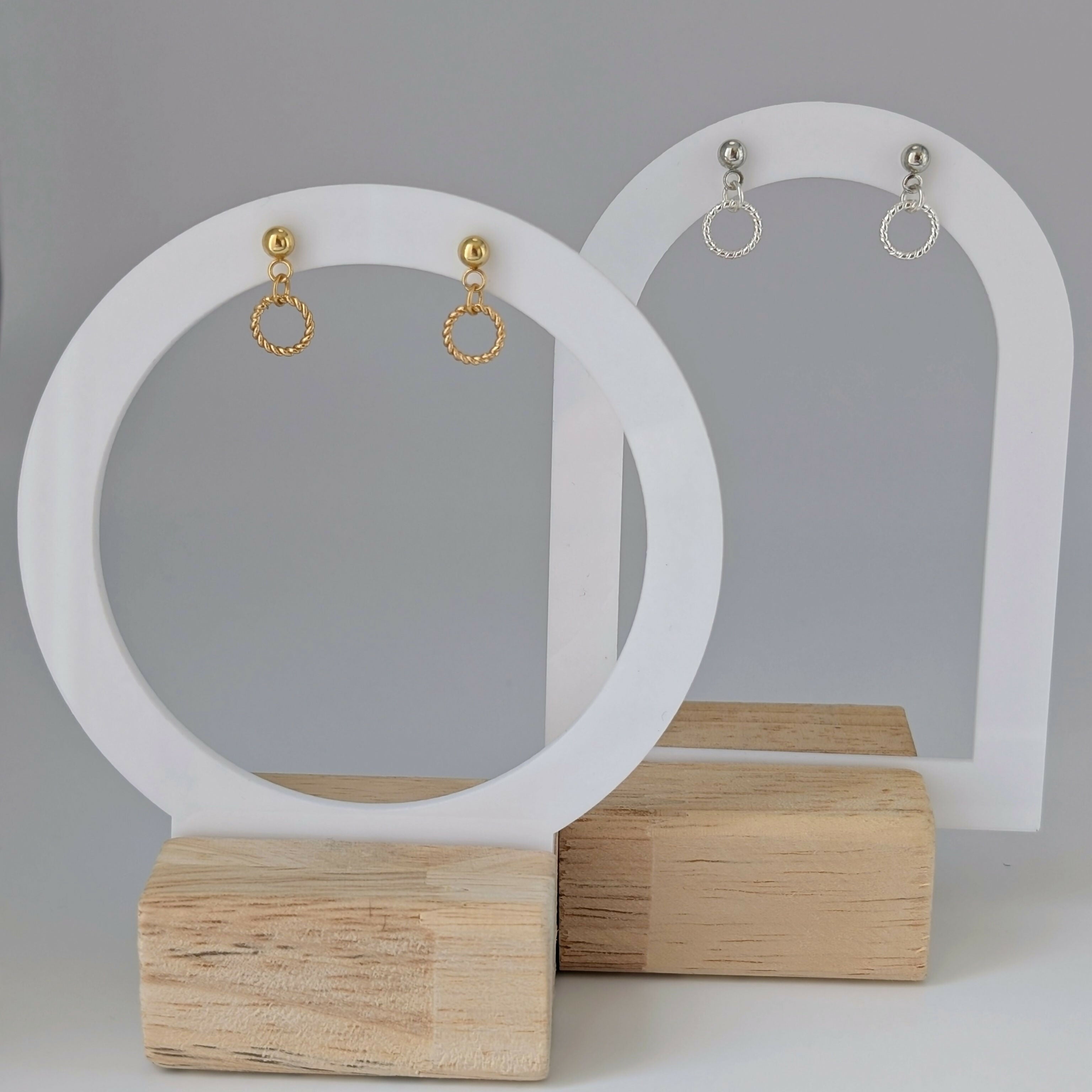 Tiny Silver Minimalist Circle Earrings in Rope Twist Style on a Silver Plated Stud