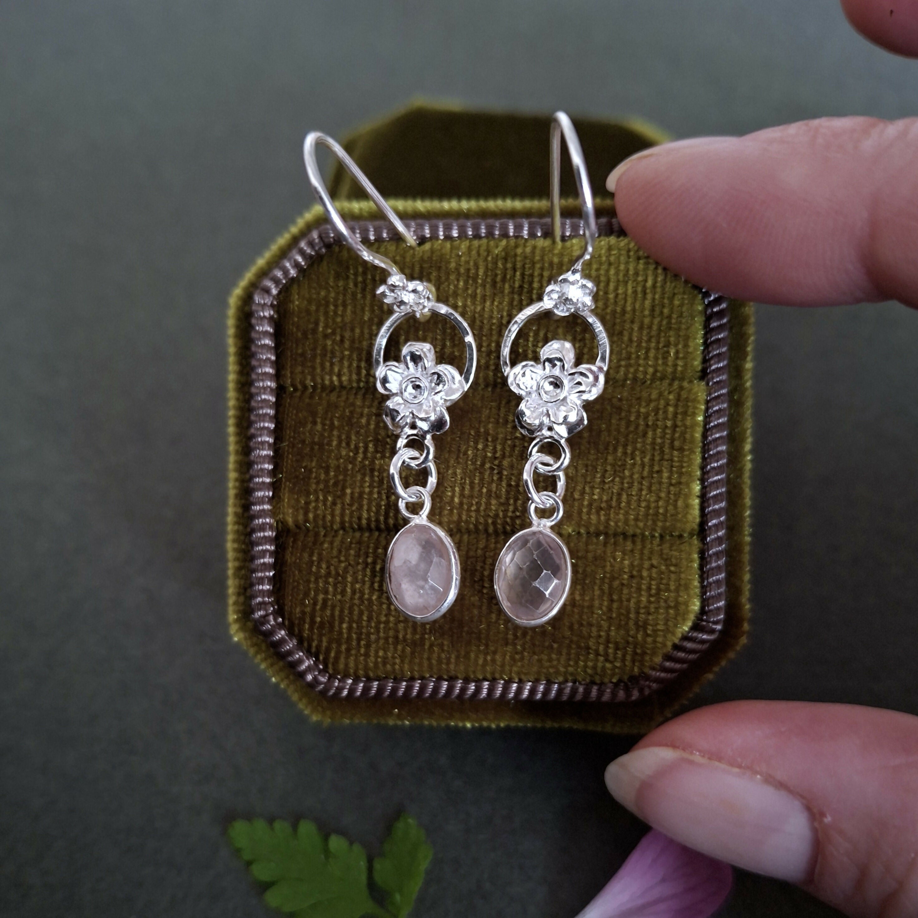 Handmade Silver Forget Me Not Earrings With Rose Quartz