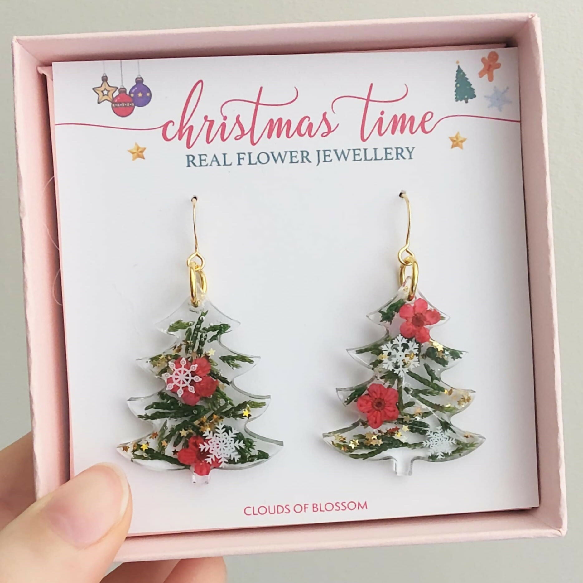 Real Christmas Tree Leaves and Red Flowers Earrings Gold Plated