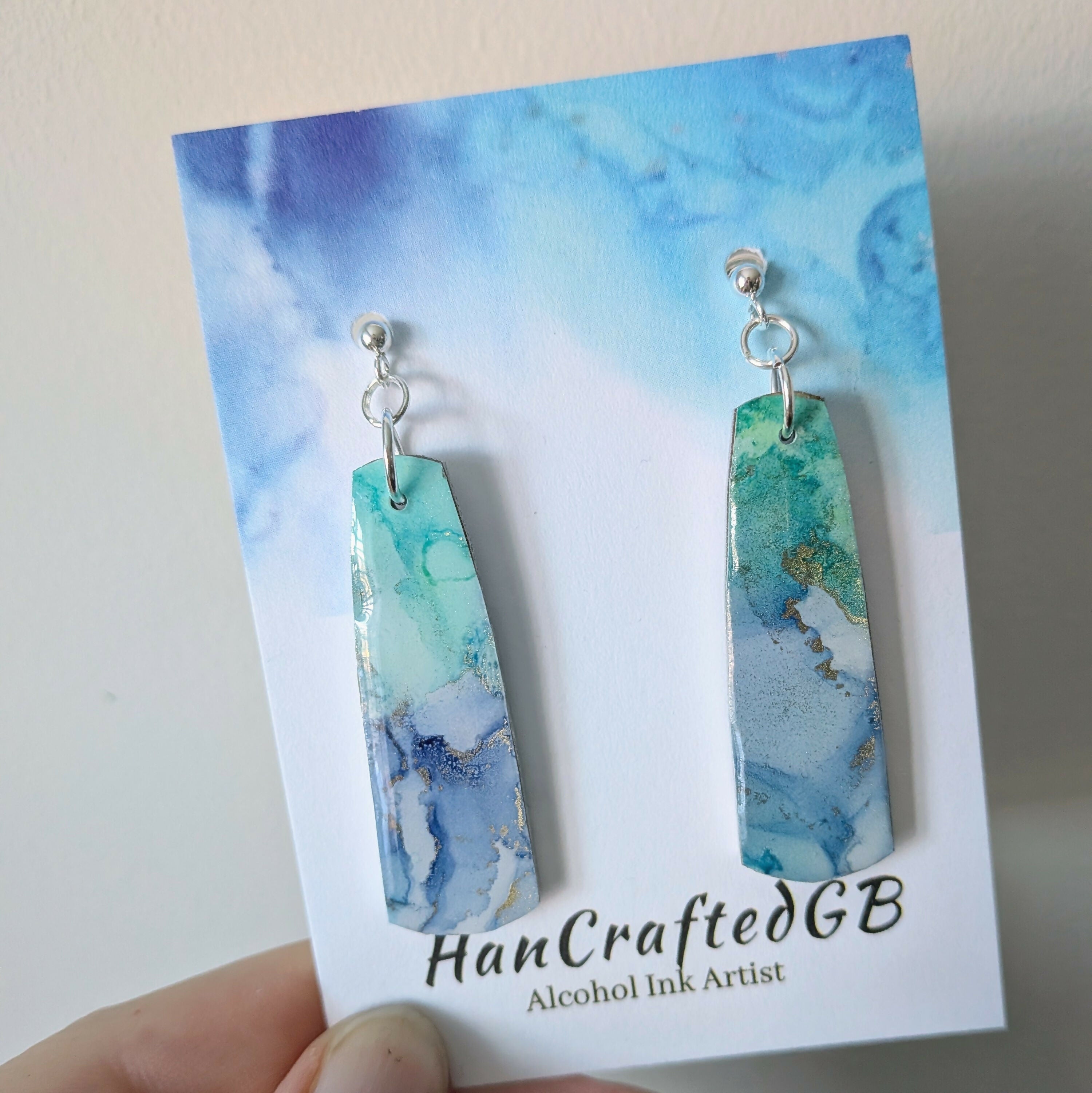 Navy Mint Stud Dangle Silver Earrings, Alcohol Ink Art