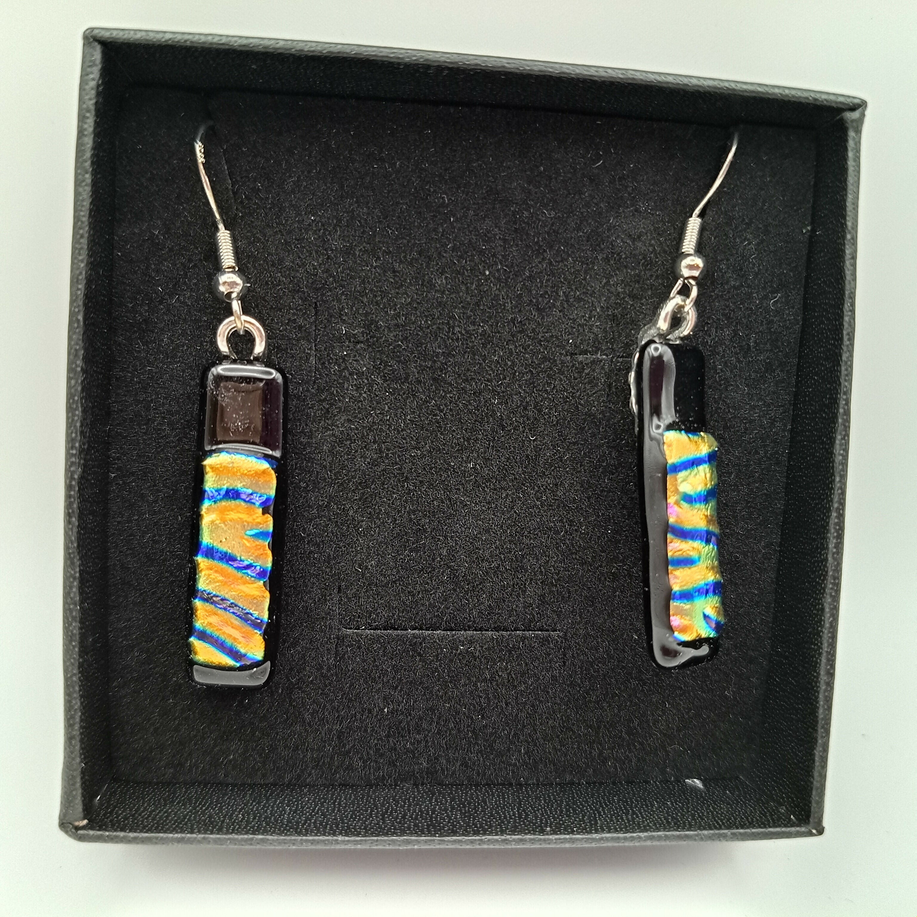 Gold, Blue and Green Dichroic on Black Earrings