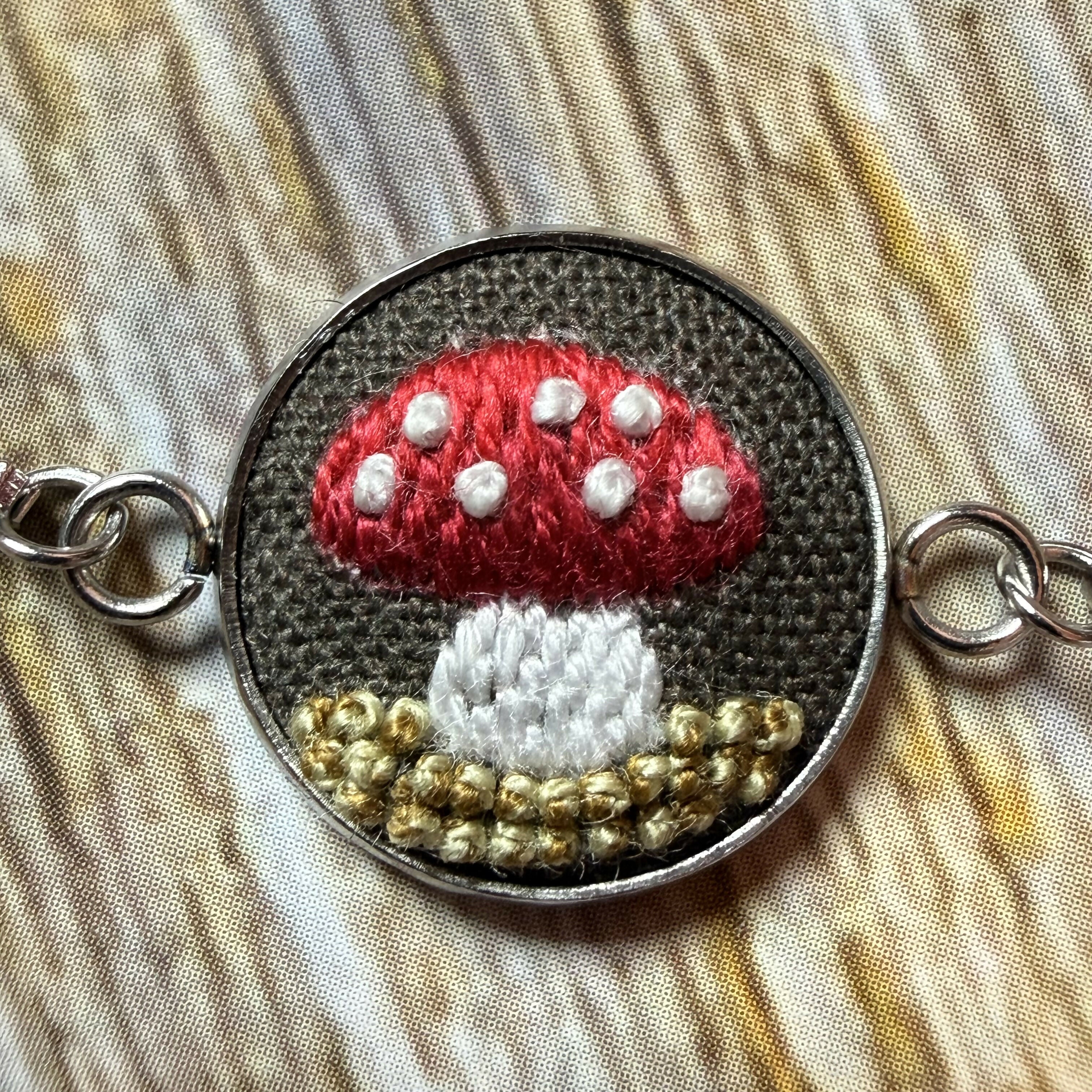 Hand Embroidered Mushroom Bracelet