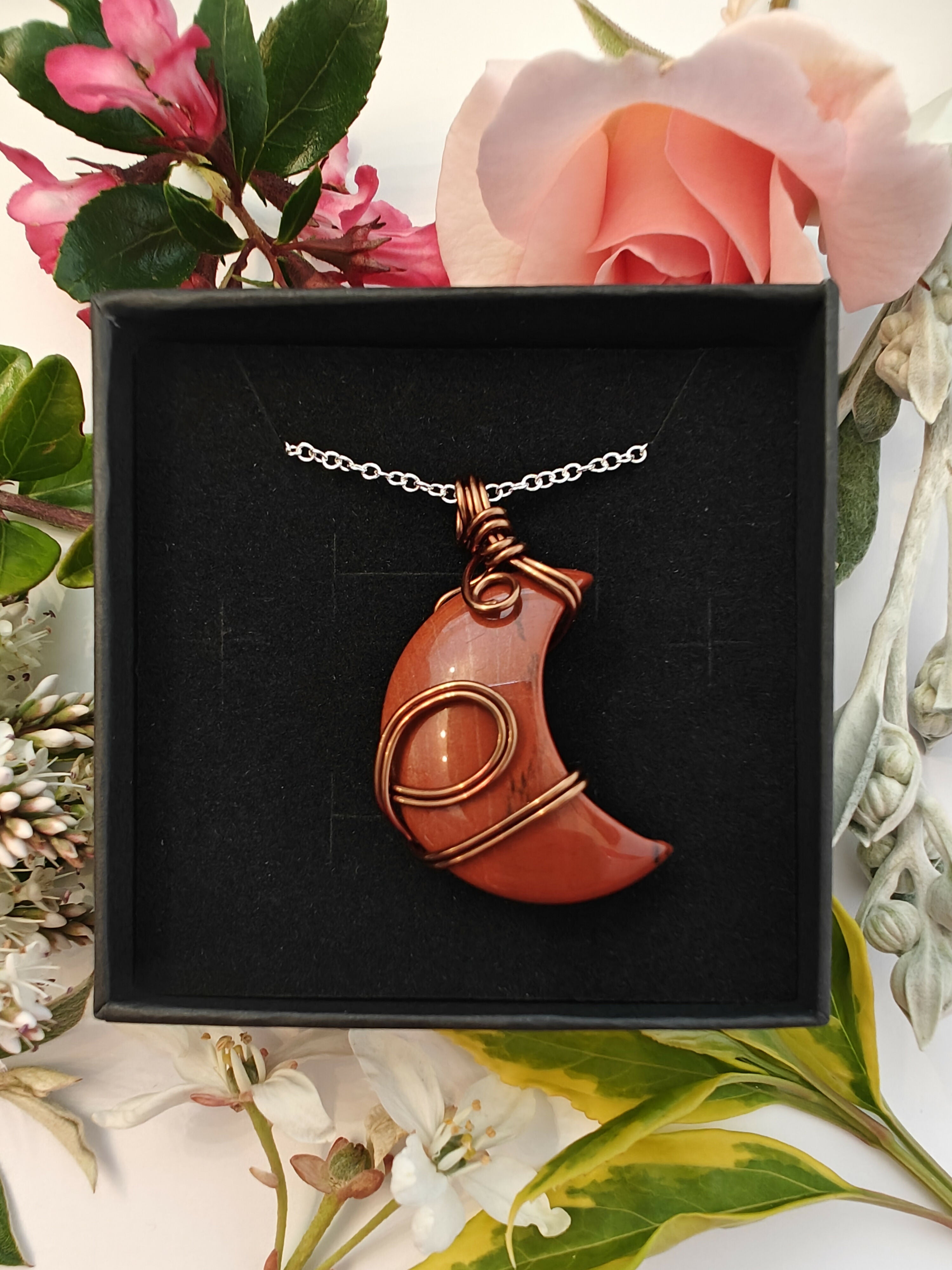 Red Jasper Wire Wrapped Crystal Moon Necklace on Sterling Silver Chain