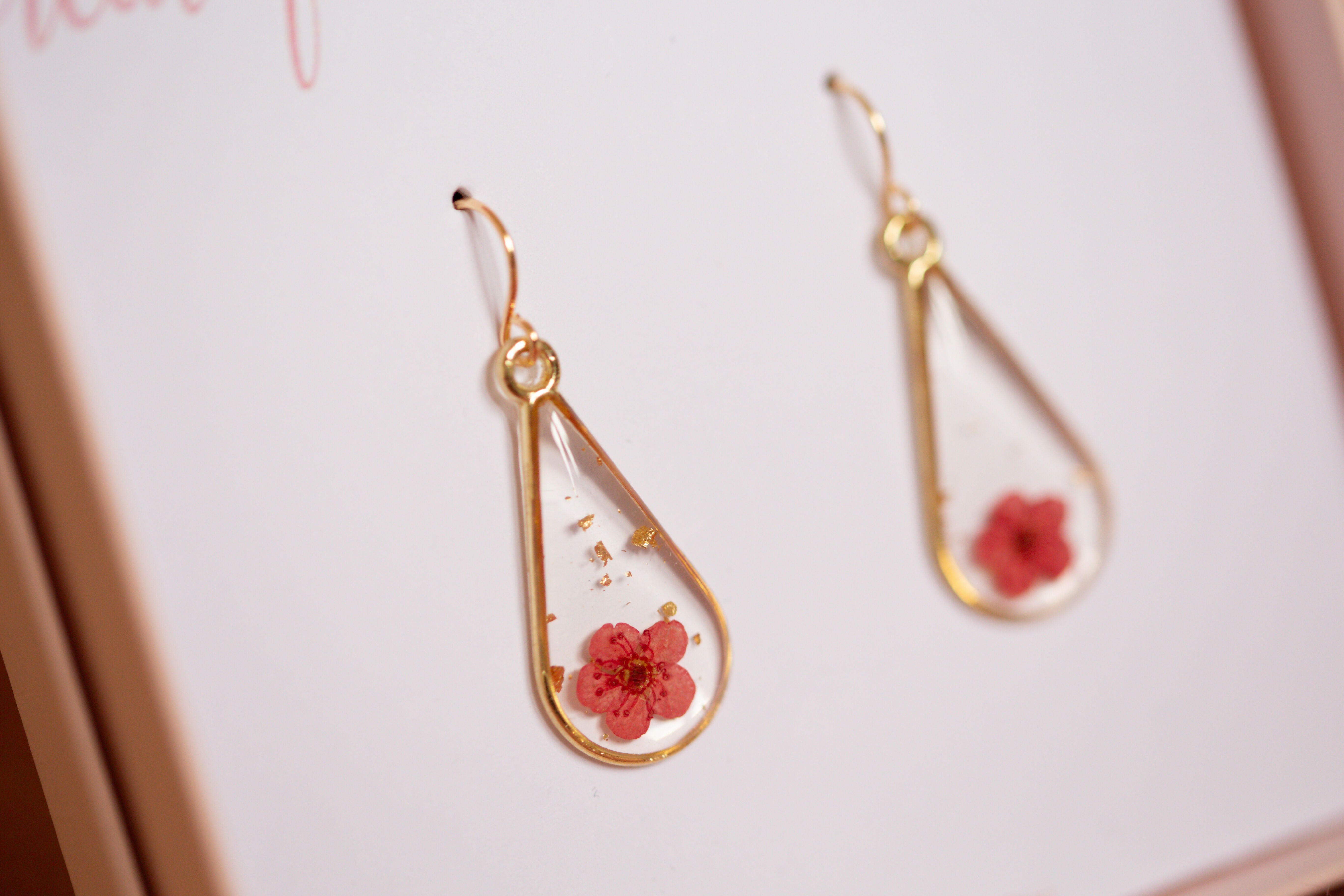 Red Baby’s Breath Long Teardrop Earrings Gold Plated