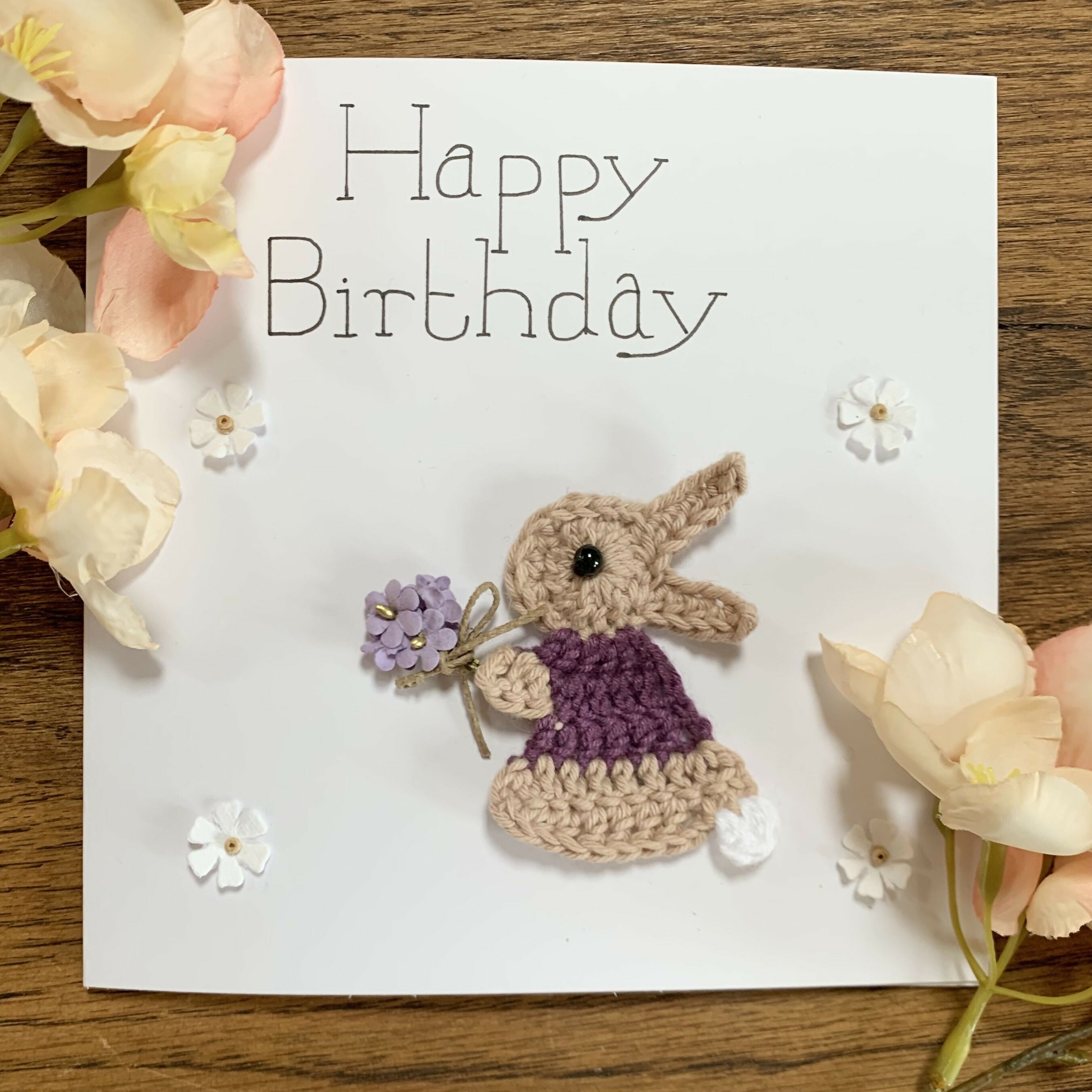 Happy Birthday Crocheted card with Rabbit or Elephant