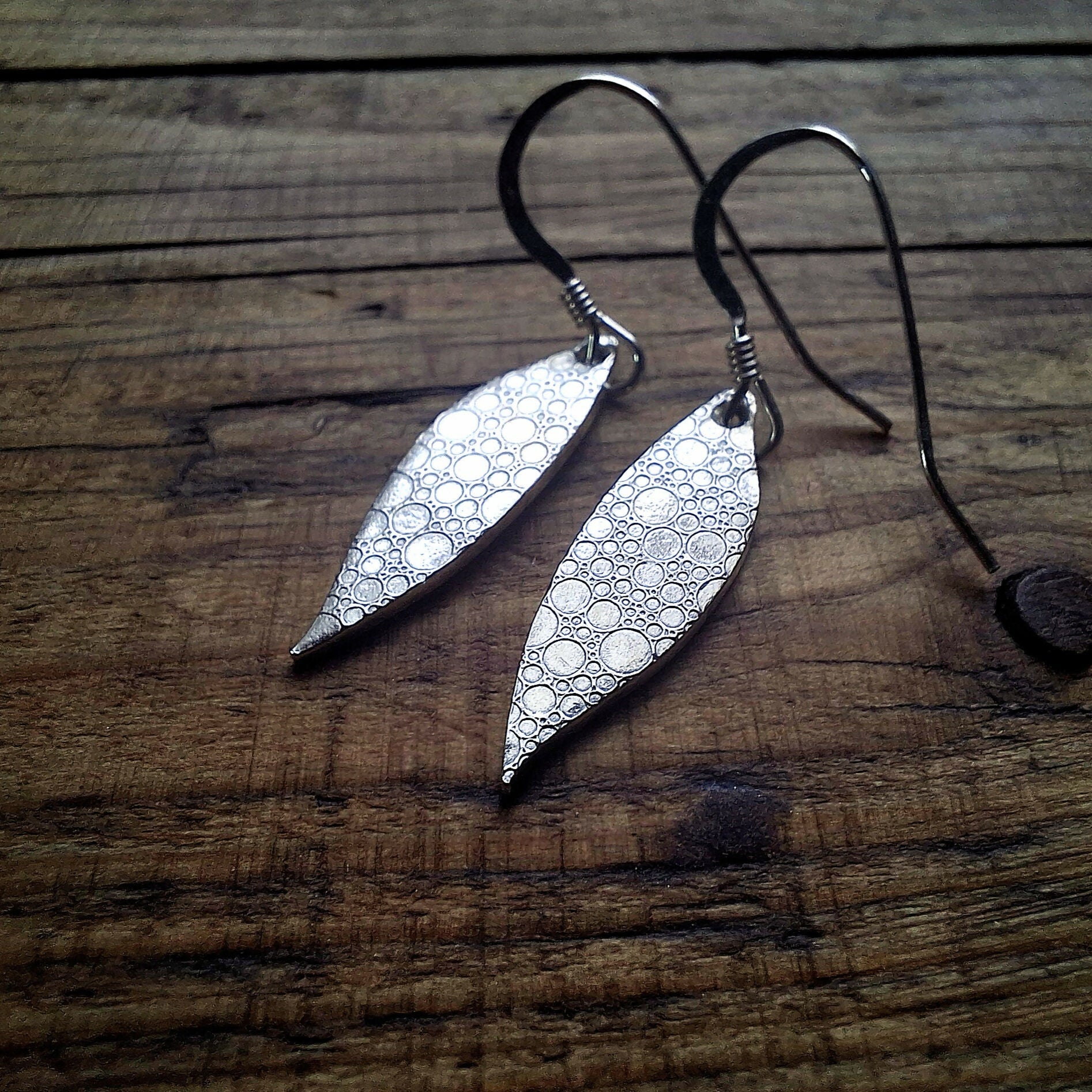 Handmade Silver Drop Leaf Earrings Bubble Texture