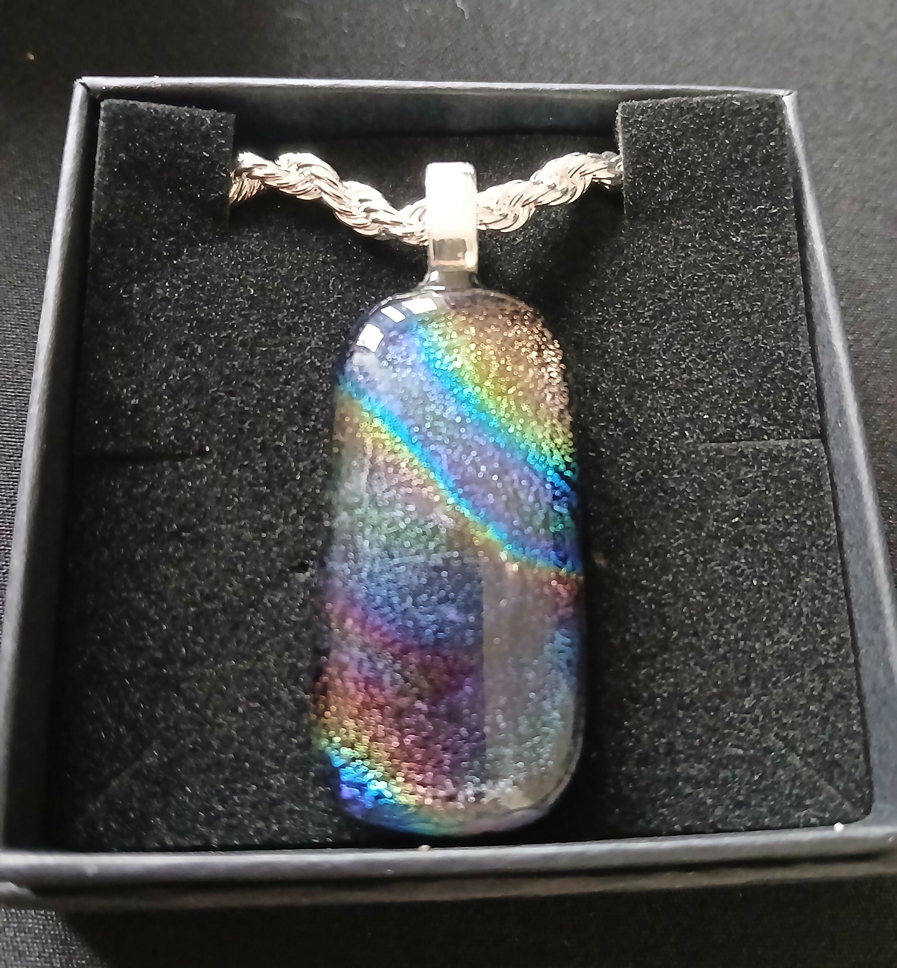 Fused Dichroic Glass Rectangular Pendant With a 925 Silver Chain Necklace (Rainbow Orange)