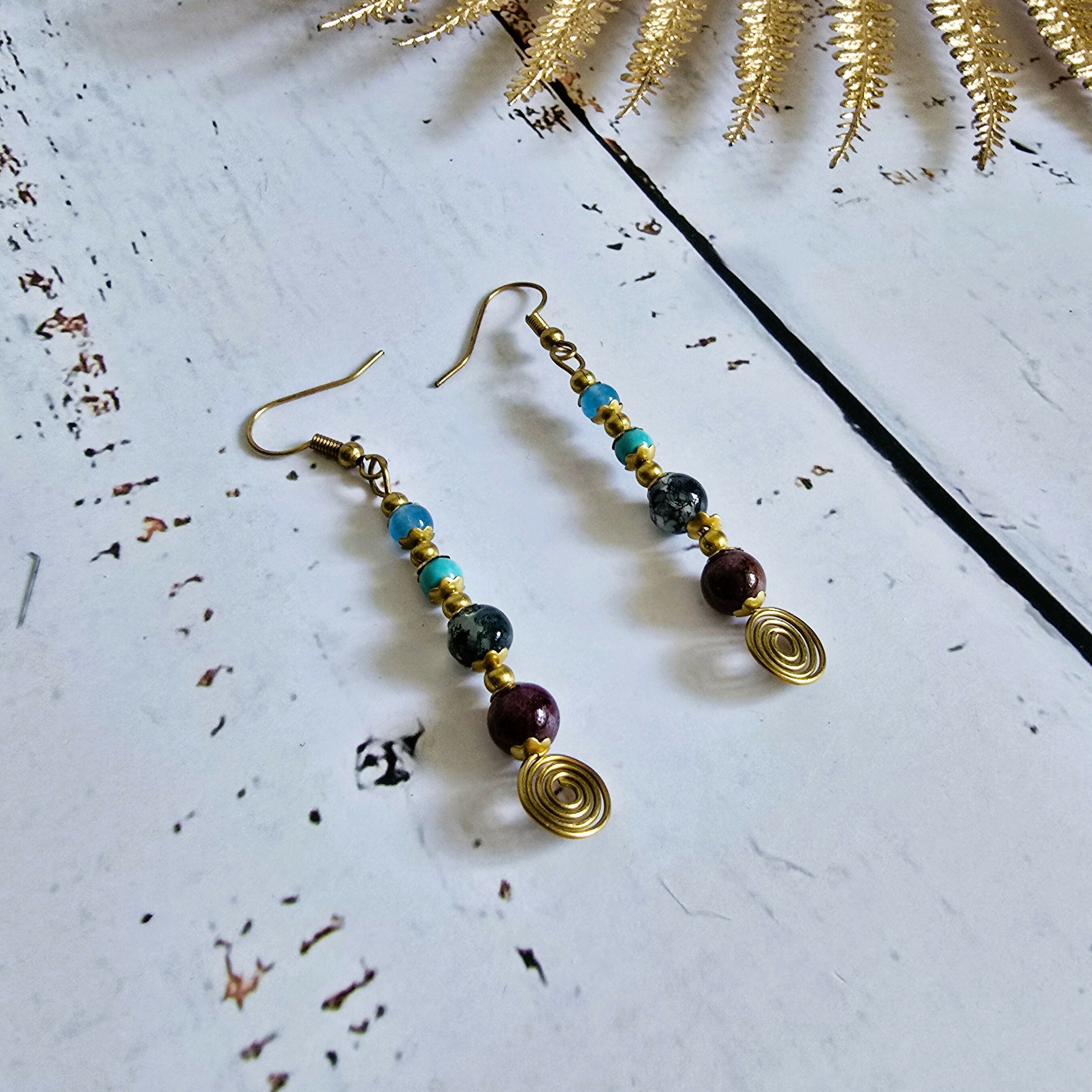 Aquamarine, Turquoise, Moss Agate & Garnet Crystal Drop Earrings; Delicate Boho Gemstone Earrings