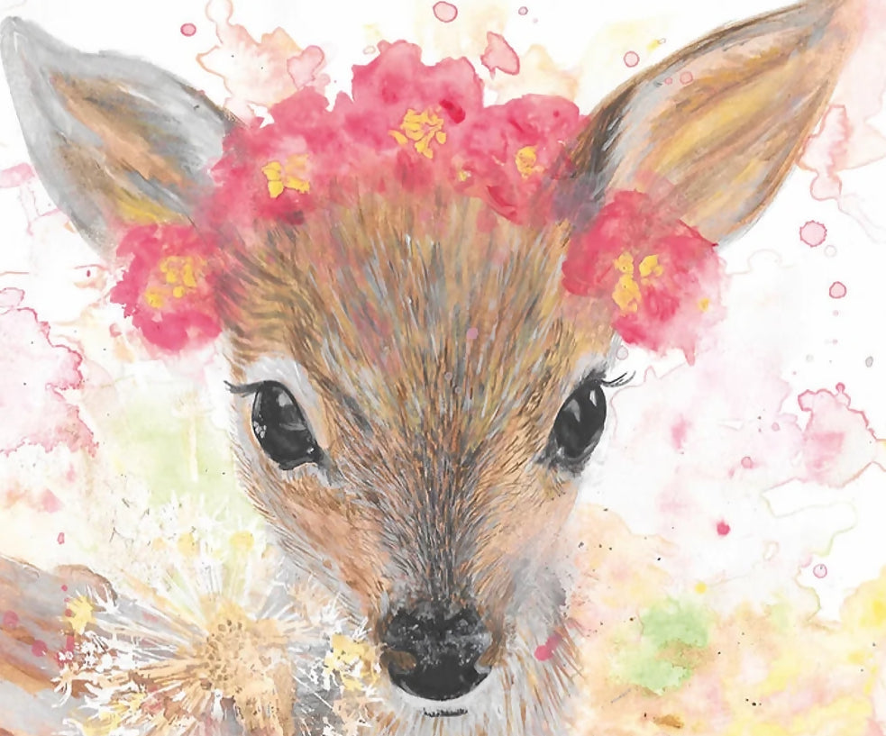 'Princess Of The Forest' Watercolour Deer Painting Print A4 Mounted