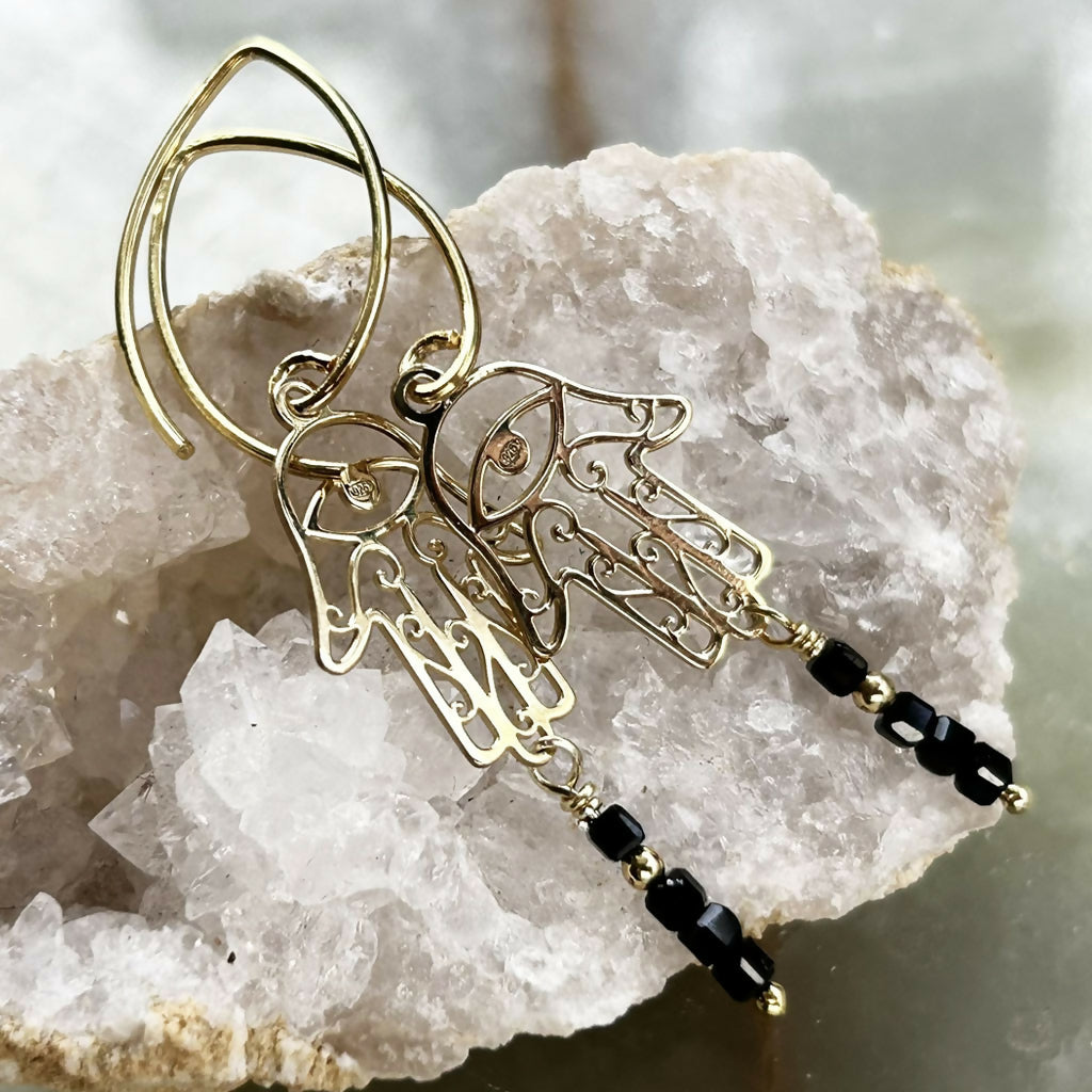 Handmade Gold Vermeil Black Spinel Hamsa Hand Earrings