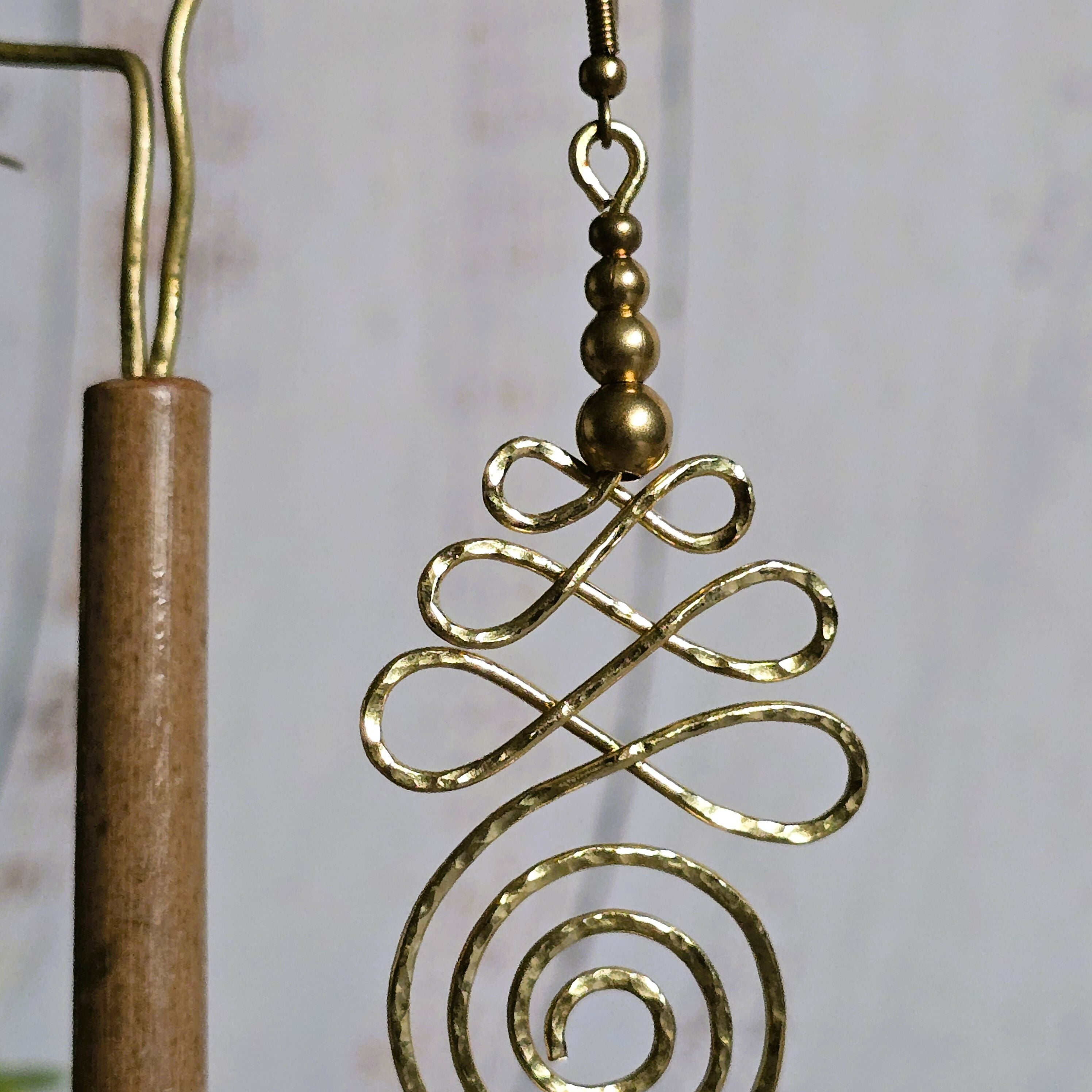Gold Unalome Earrings; Hand Sculpted Brass Wire Spiral Buddhist Boho Thai Earrings