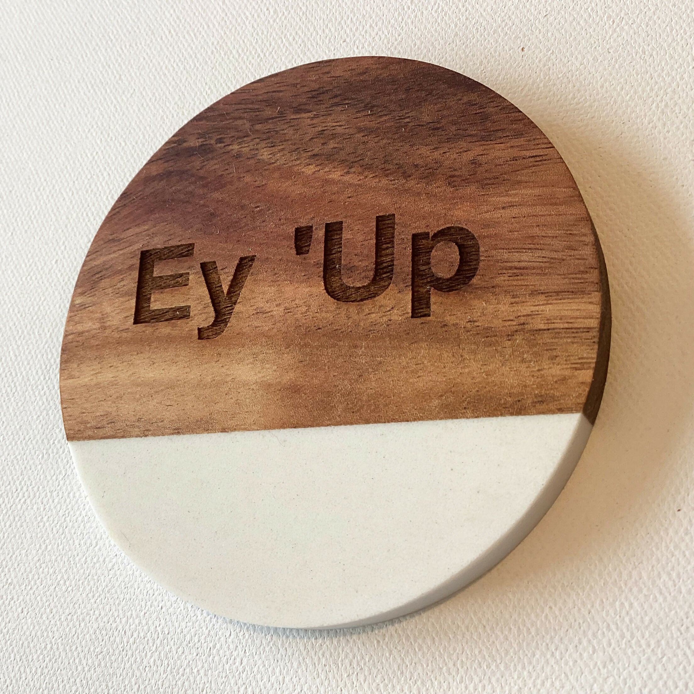 Marble & Acacia Coaster Engraved with Yorkshire Saying - Ey 'Up