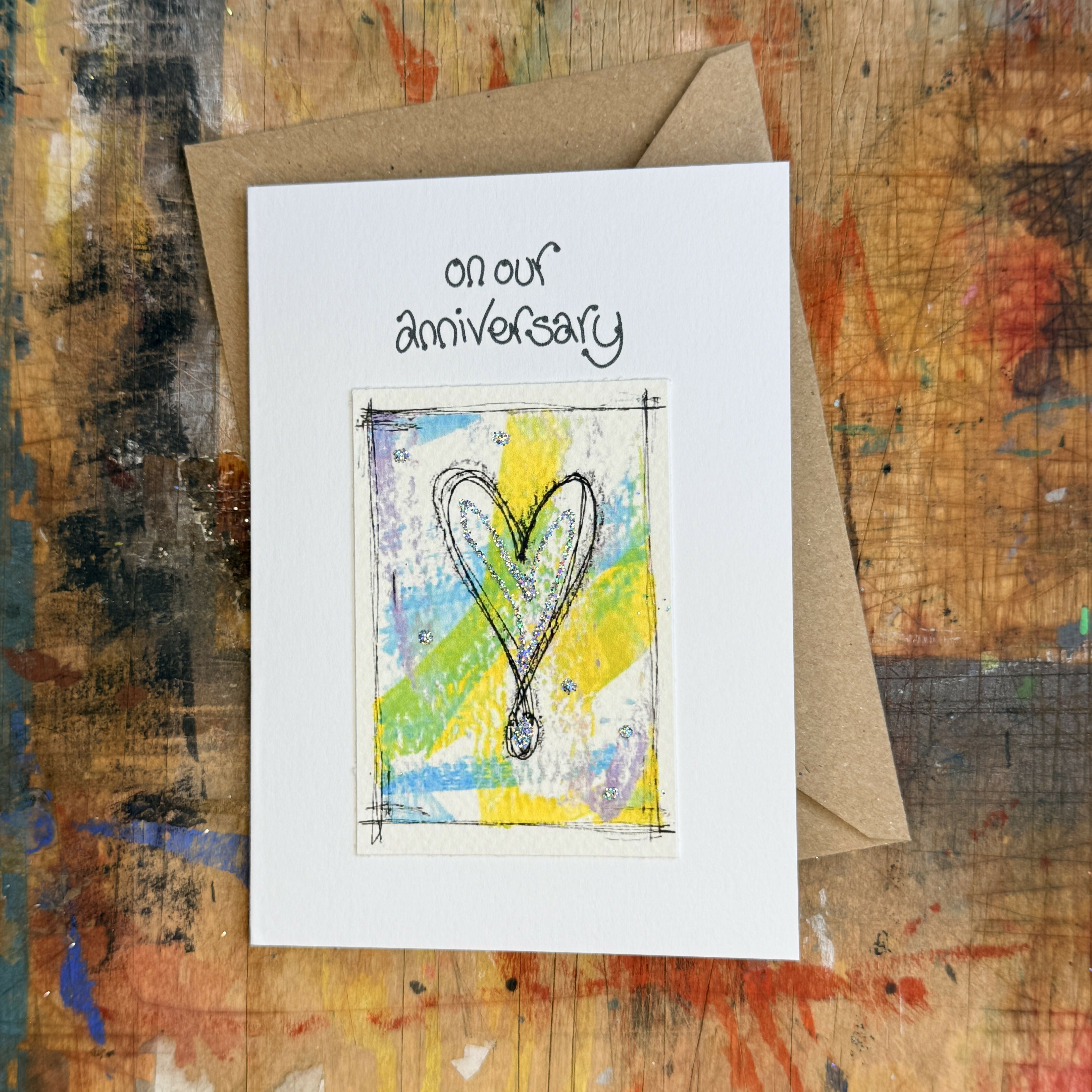 Abstract Sparkle Heart On Our Anniversary Card in Blue