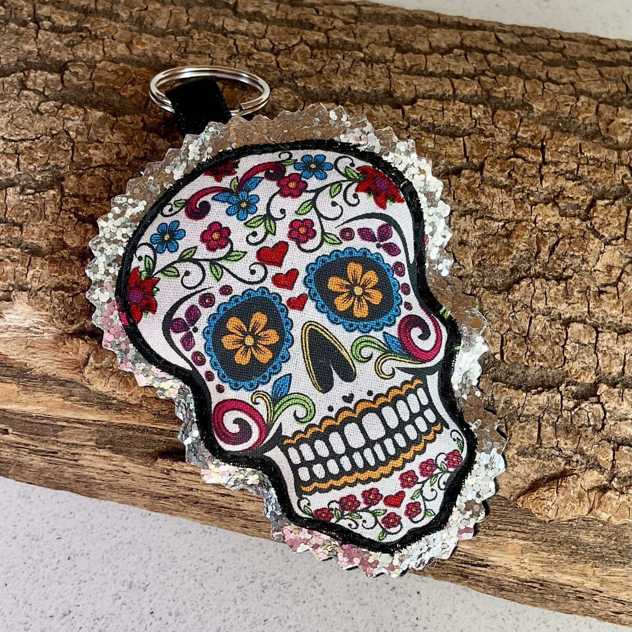 Bright Sugar Skull Keyring, Fabric Sugar Skull Key Ring With Glitter Background, Sparkly Bag Charm, Halloween Gift