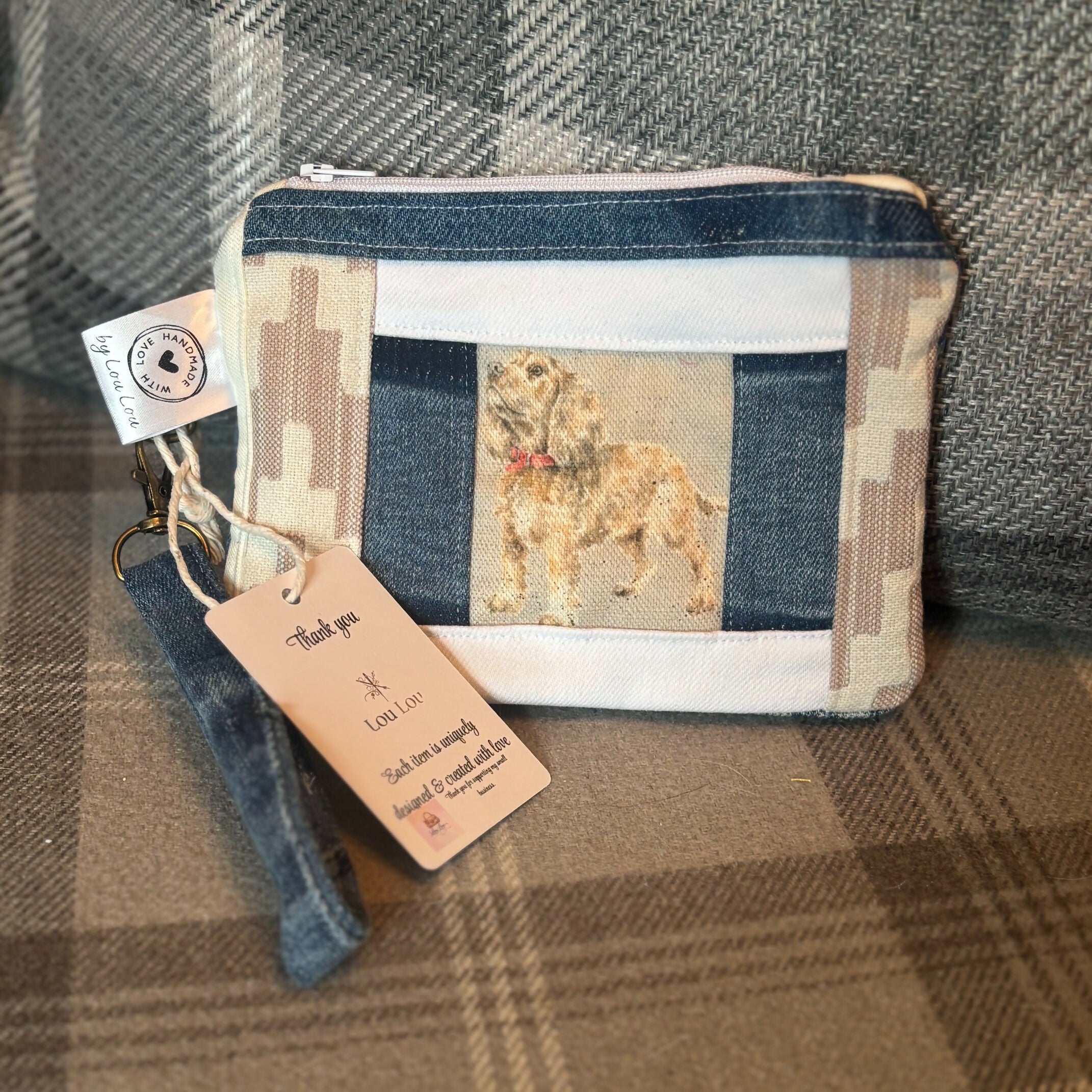 Unique Handcrafted Patchwork Purse Wristie Made From Upcycled Jeans And Dog Print Fabric