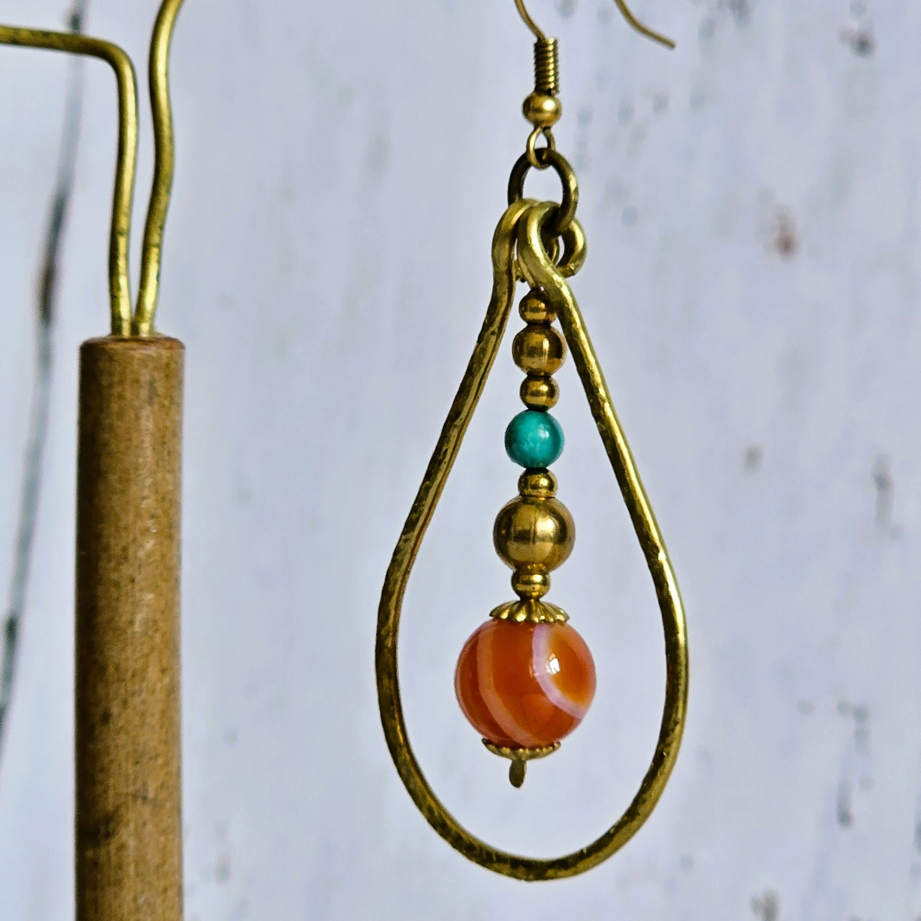 Gold Wire Crystal Earrings; Turquoise & Orange Agate Bohemian Teardrop Earrings