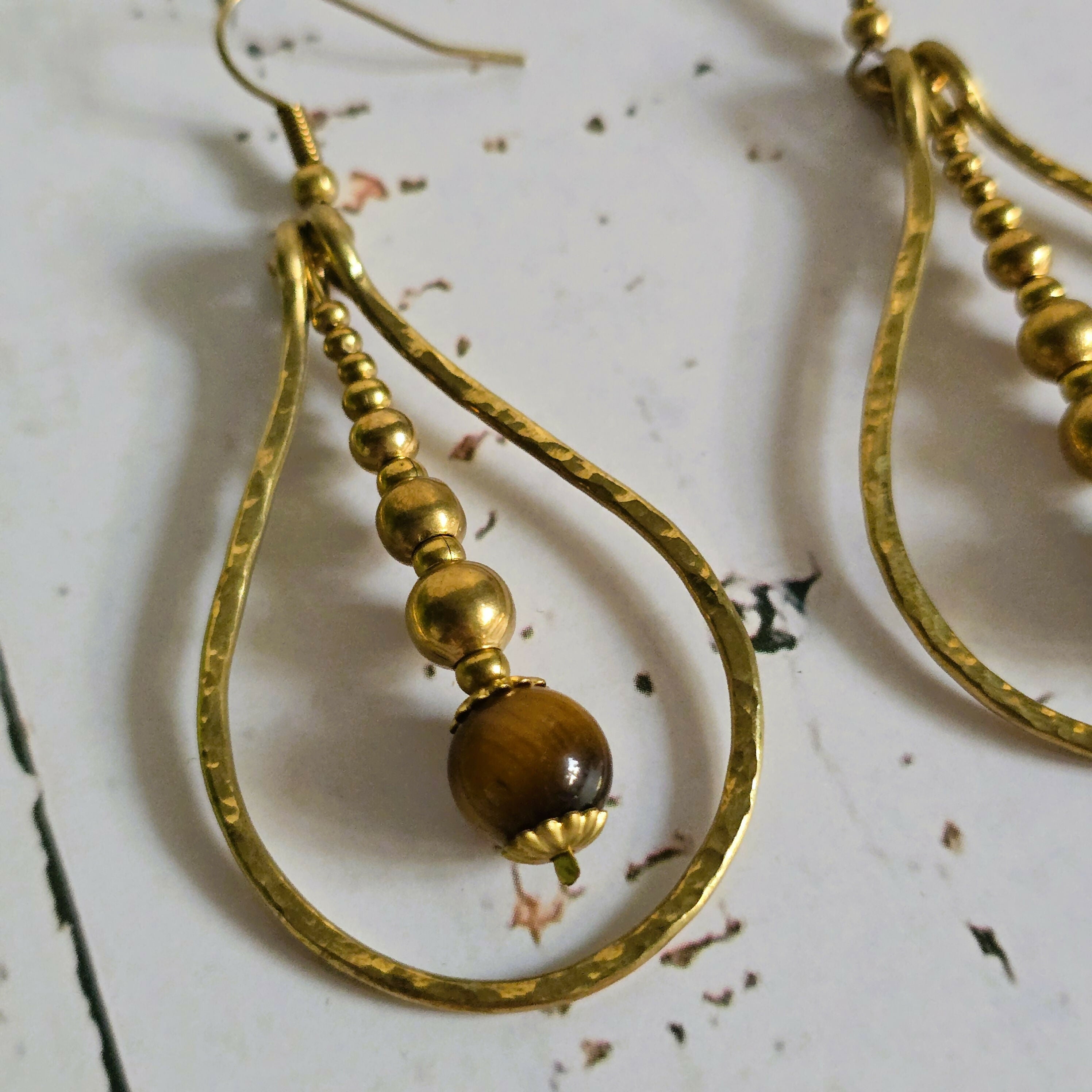 Tiger's Eye Raindrop Earrings; Gold Brass Wire Teardrop Crystal Boho Earrings