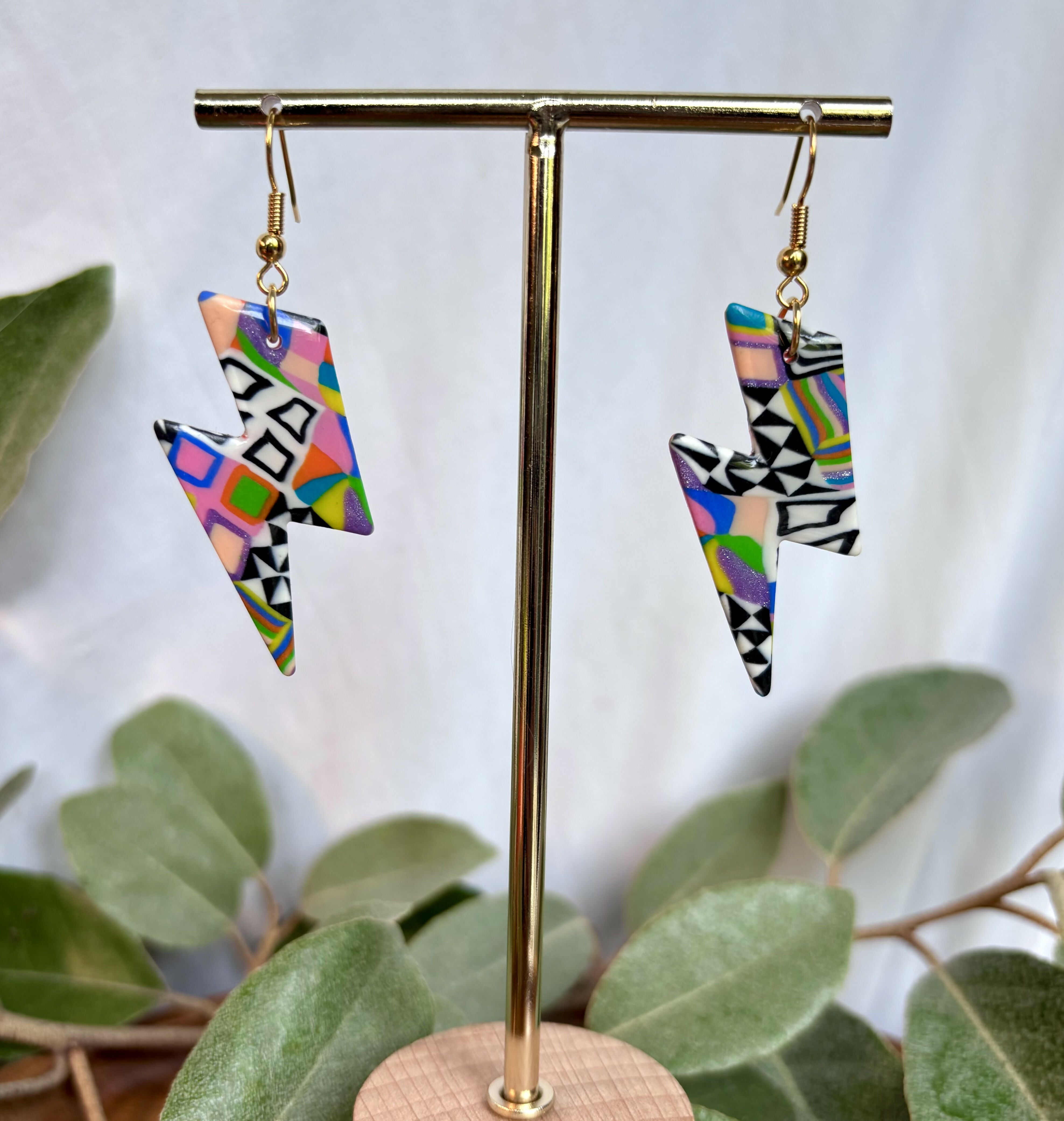 Funky Pattern Collection - Lightening Bolts Polymer Clay Earrings Hooks
