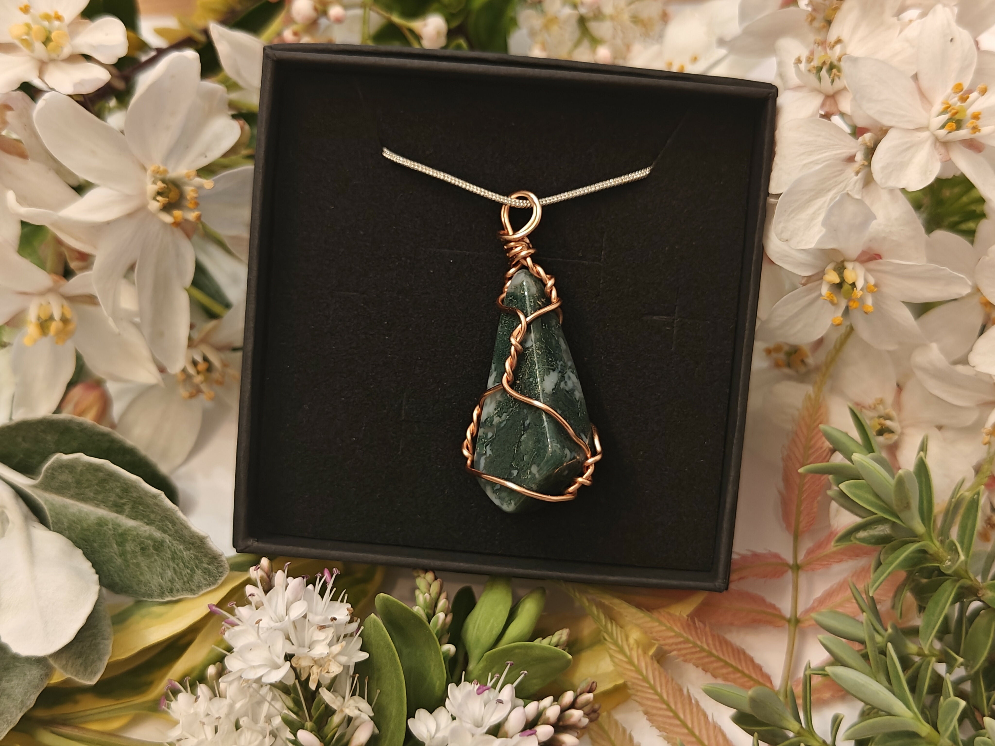 Moss Agate Wire Wrapped Crystal Necklace on Sterling Silver Chain