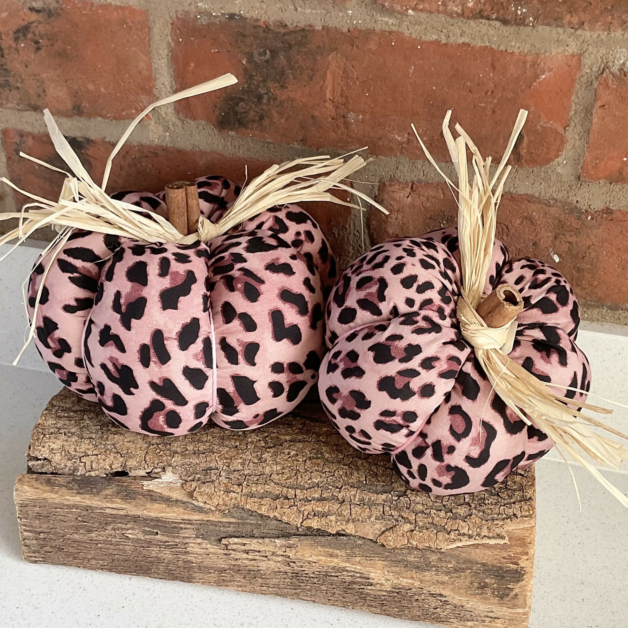 Pink Leopard Print Pumpkin Decoration, Handmade Halloween Ornament, Upcycled Animal Print Fabric