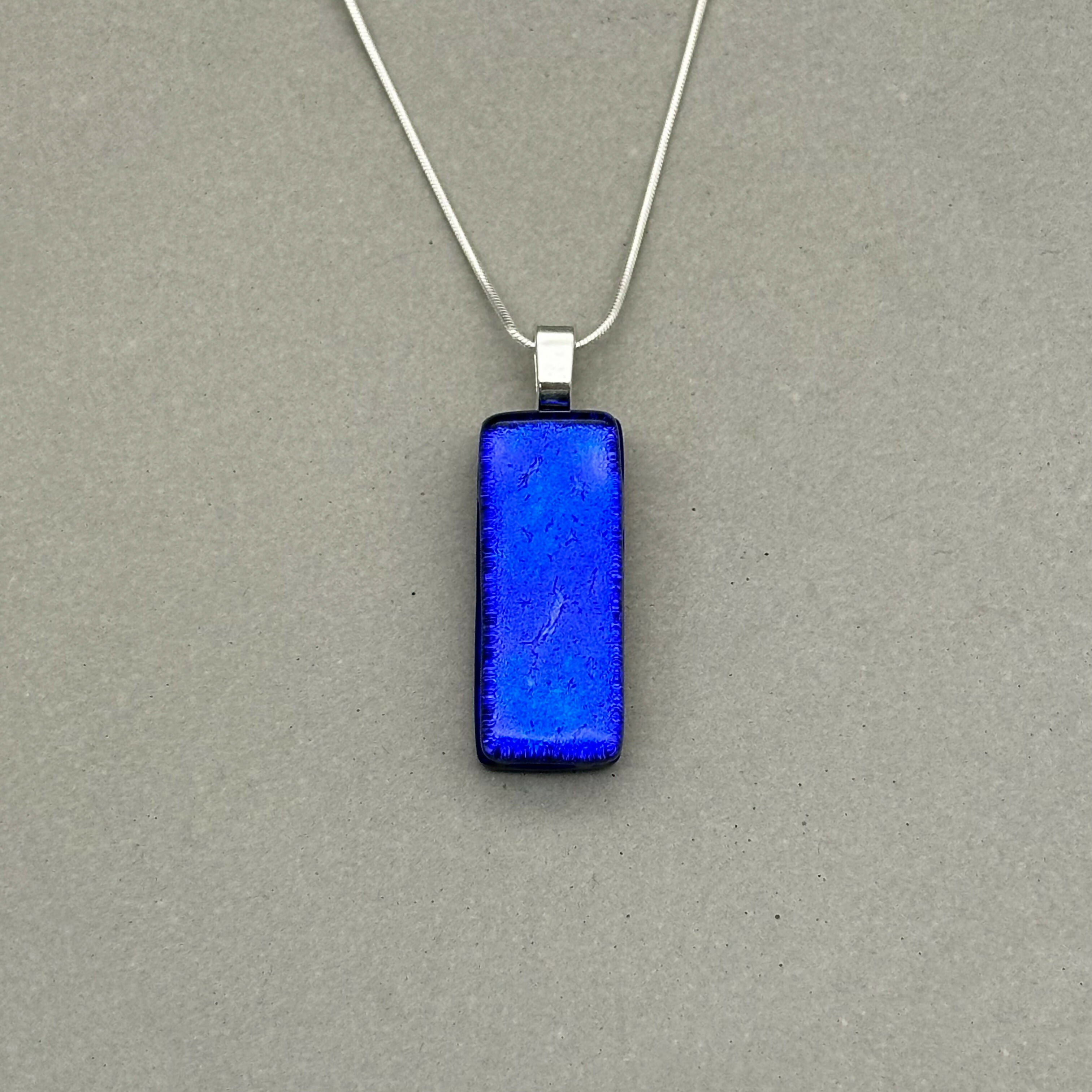 Cobalt Blue Dichroic Fused Glass Pendant with Silver Plated Chain - Handmade by Jade Tapson Glass.