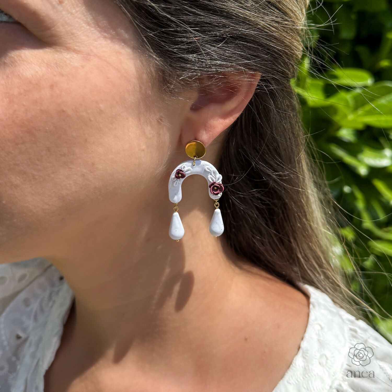 Floral Arch Drop Earrings with Teardrop Beads in White