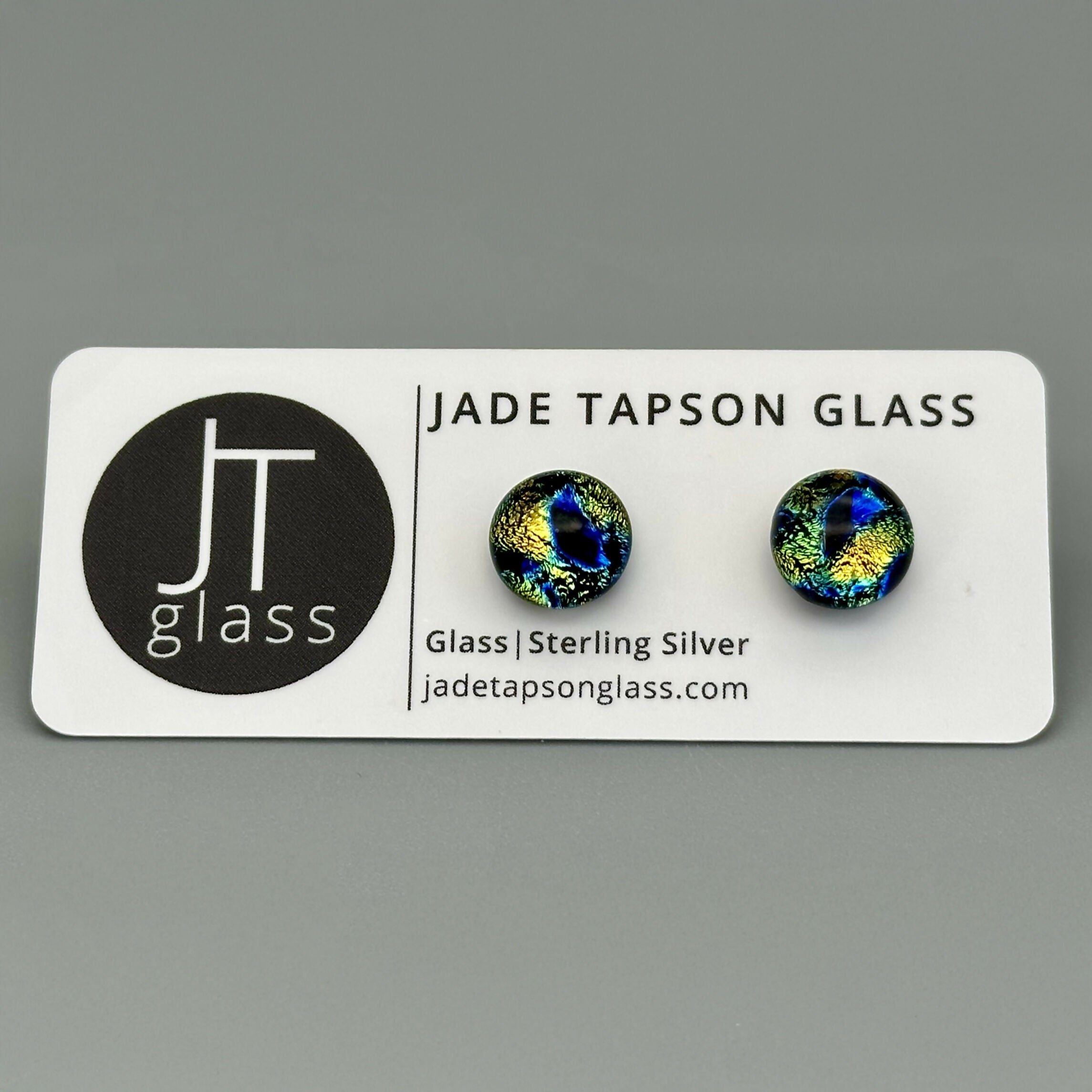 Green & Blue Raindrop Dichroic Fused Glass Sterling Silver Stud Earrings - Handmade by Jade Tapson Glass.