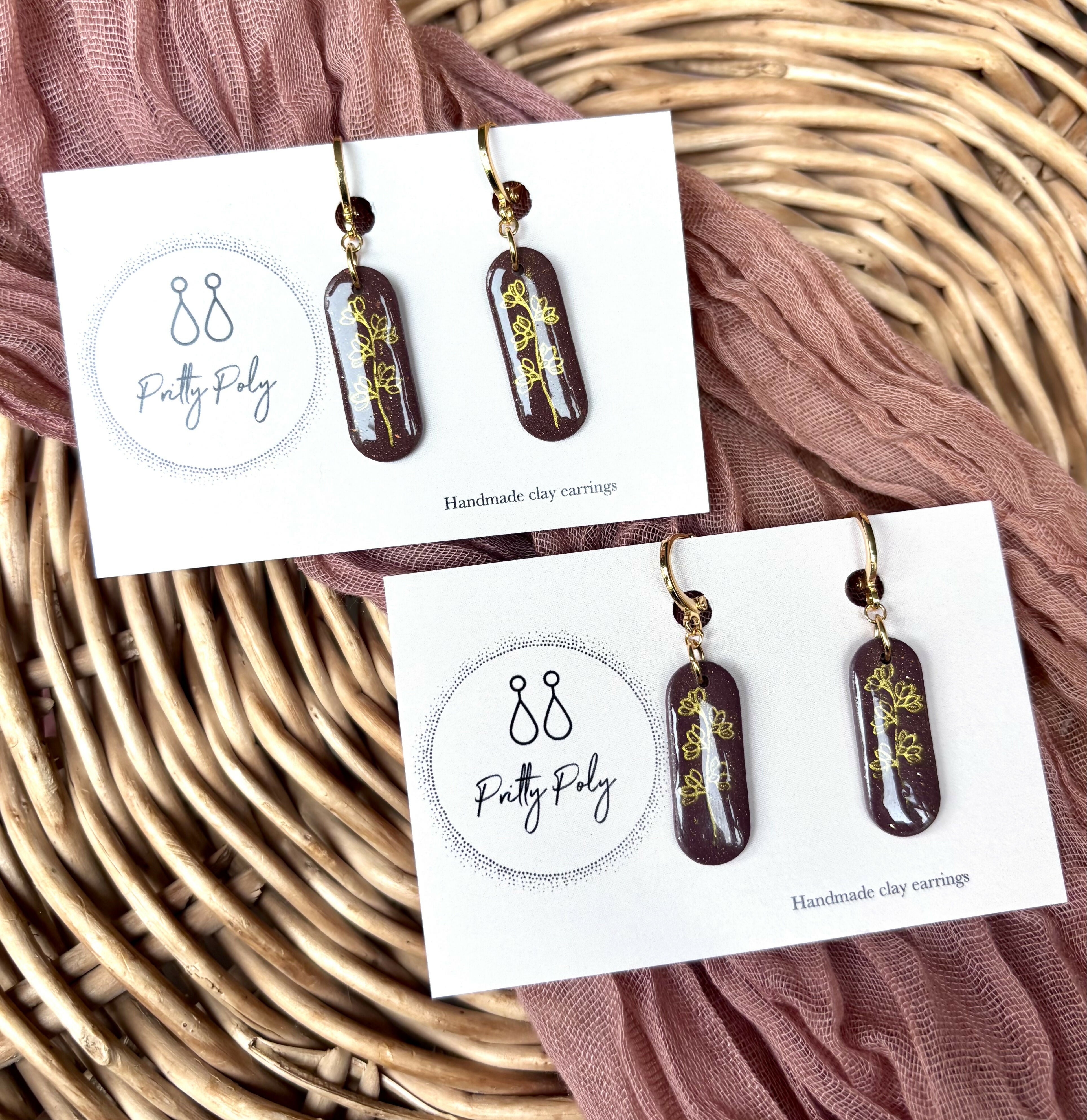 Burgundy Flower Huggie Hoops Polymer Clay Earrings