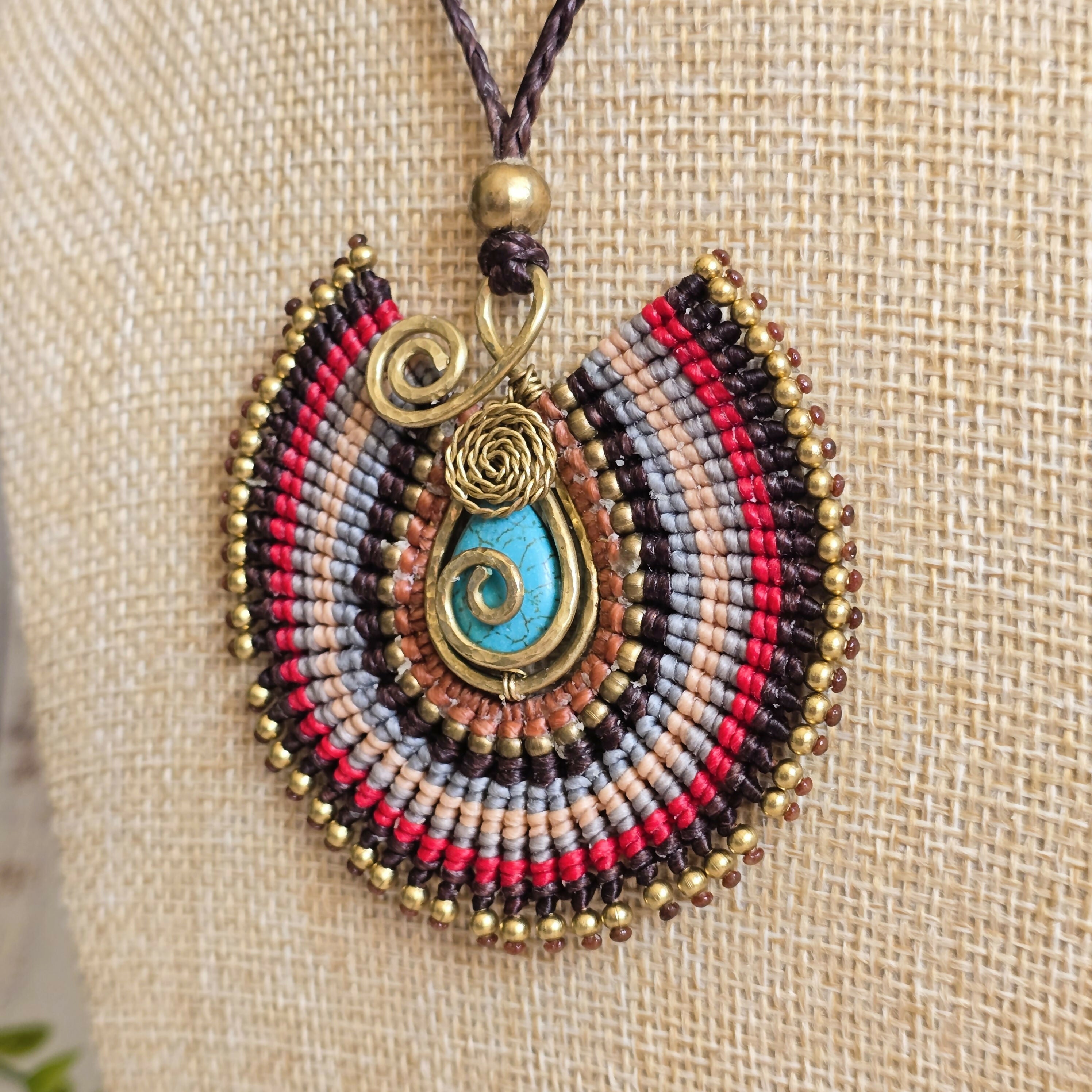 Turquoise Crystal Macramé Necklace; Regal Oval Bohemian Pendant with Gold Spiral Wire-Art