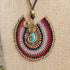 Turquoise Crystal Macramé Necklace; Regal Oval Bohemian Pendant with Gold Spiral Wire-Art