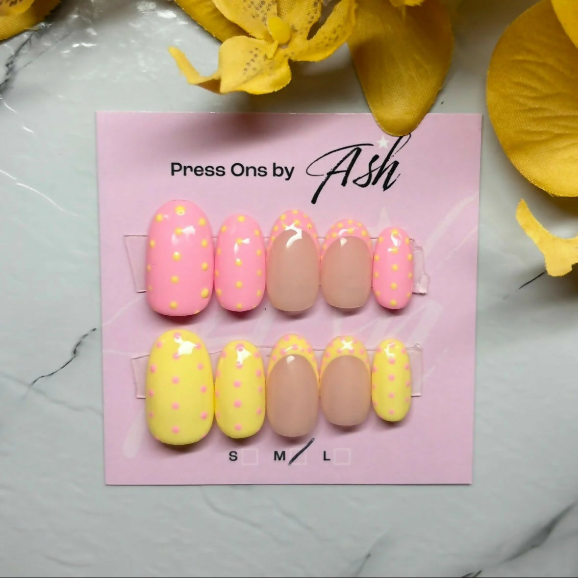 Reusable Pink and Yellow Dotty French Tip Handmade Press On Nails